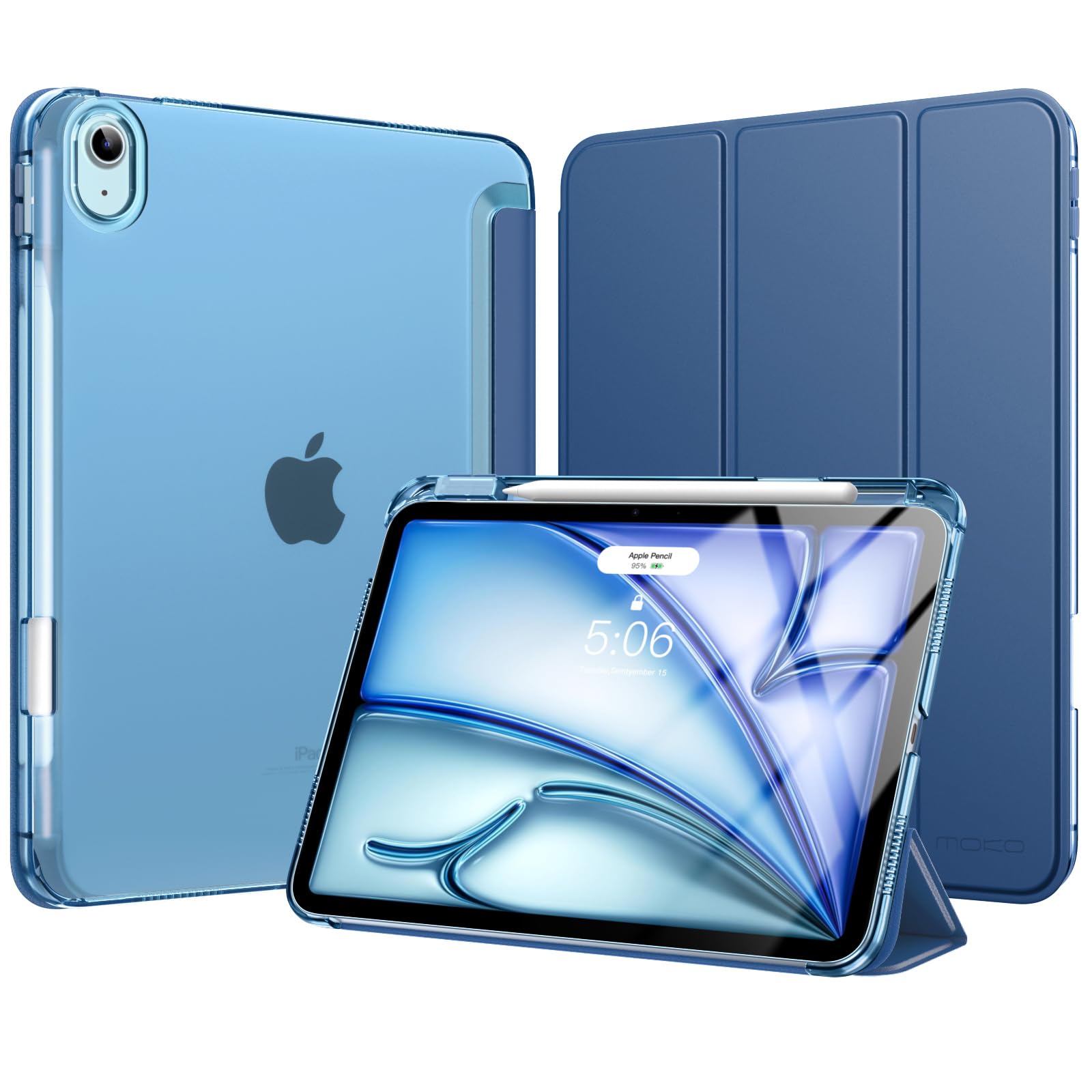 MoKo Coque pour iPad Air 11 Pouces (M4/M3/M2), iPad Air 5e/4e Gén, Marine | Pour iPad Air 11/10,9" Coque avec Porte-Stylet, Mince Léger Étui à Trois Volets avec Coque PC Arrière Translucide Robuste