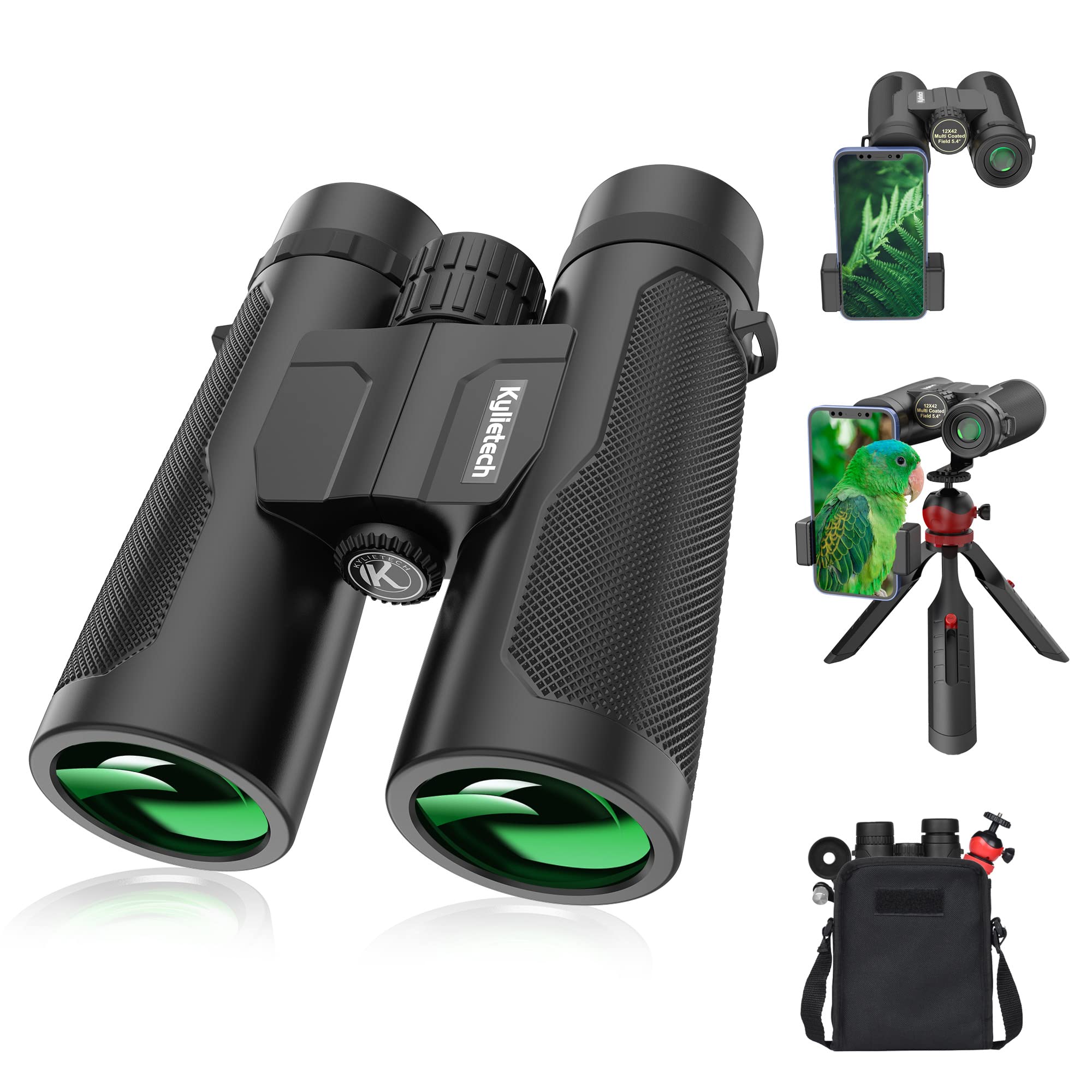 Kylietech Jumelles Adultes Puissante, 12x42 Compactes Jumelles avec Trépied | Jumelles Étanches avec Prismes BAK-4, Objectif FMC, Adaptateur de Téléphone pour la Photographie, l'Observation des Étoiles