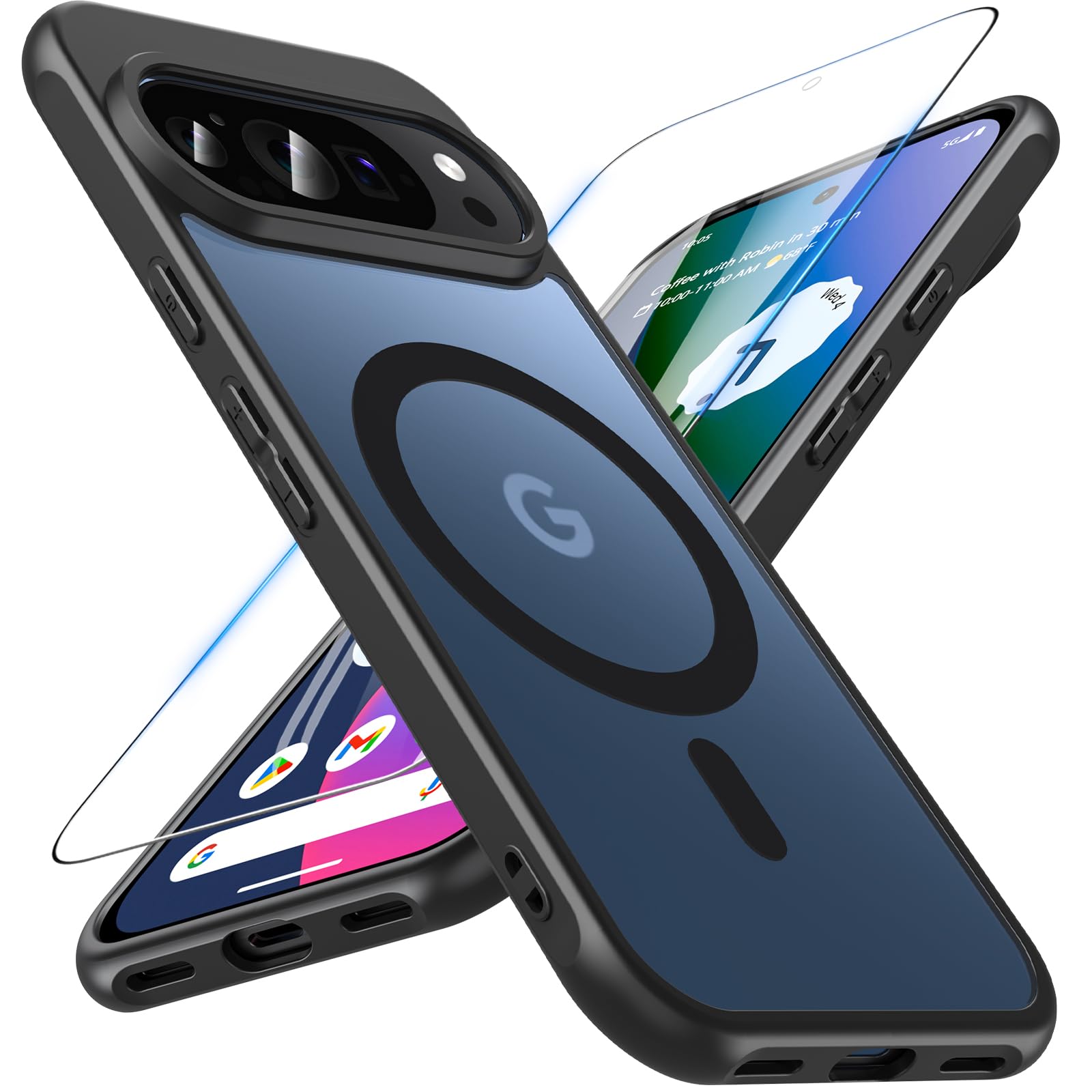Hensinple Magnétique Coque pour Google Pixel 10/Pixe 10 Pro avec Verre Trempé,Compatible avec Magsafe,Étui Translucide Mat Antichoc Anti Rayures Mince Coque pour Pixel 10/10 Pro(Noir)