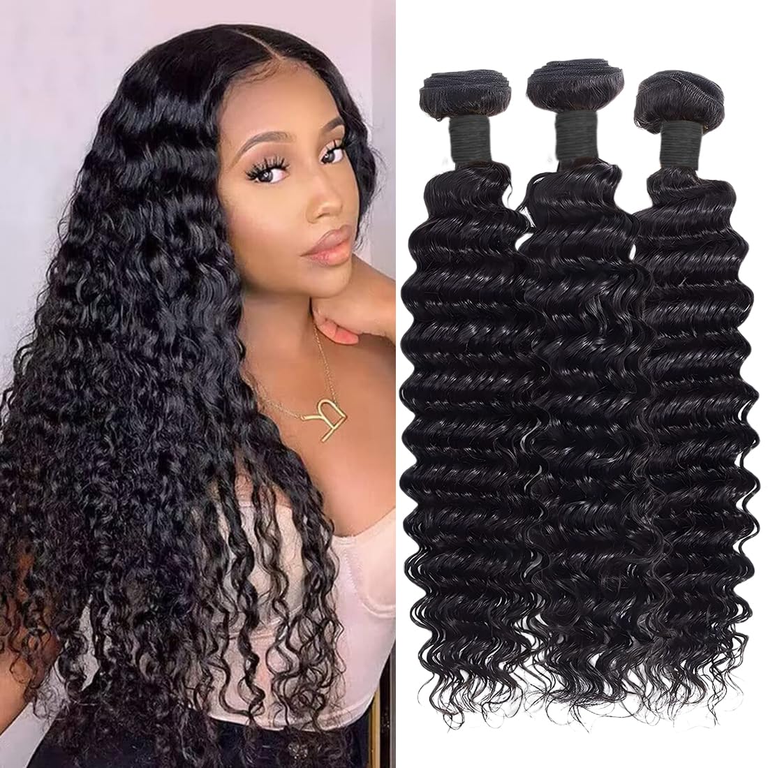Tissage Naturel Cheveux Humain Deep Wave Human Hair 14 16 18 Pouces 210g | Deep Wave Human Hair Bundles Bresilien Extension Cheveux en lot Tissage Bouclé Naturel Couleur Naturelle