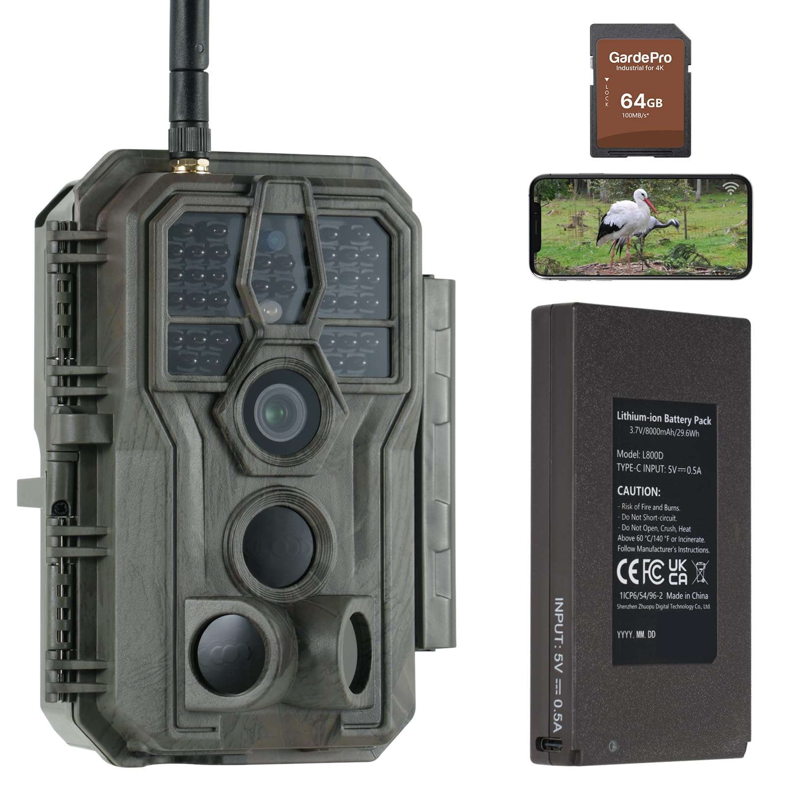 GardePro E8P Camera de Chasse WiFi, Batterie de 8000 mAh, Carte SD de 64 Go | 64MP 1296P Caméra de Chasse Connectée Telephone, Camera Vision Nocturne Animaux Exterieur, IR Invisible No Glow 940nm, IP66
