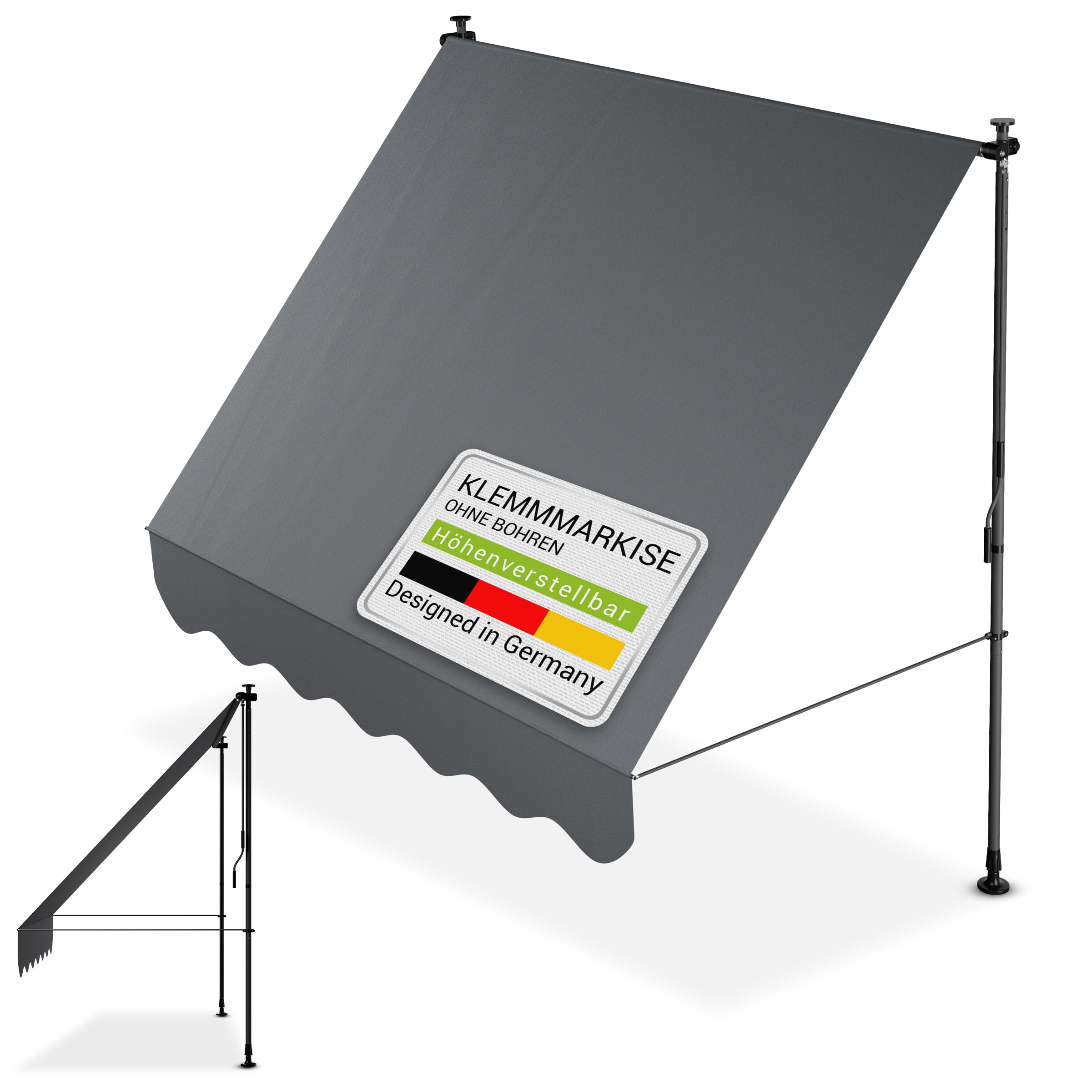 Juskys Store Banne Manuel Kapstadt 200x120 cm - Store Extérieur Réglable, sans Perçage, Imperméable, Résistant UV, Verticale & Diagonale - Gris