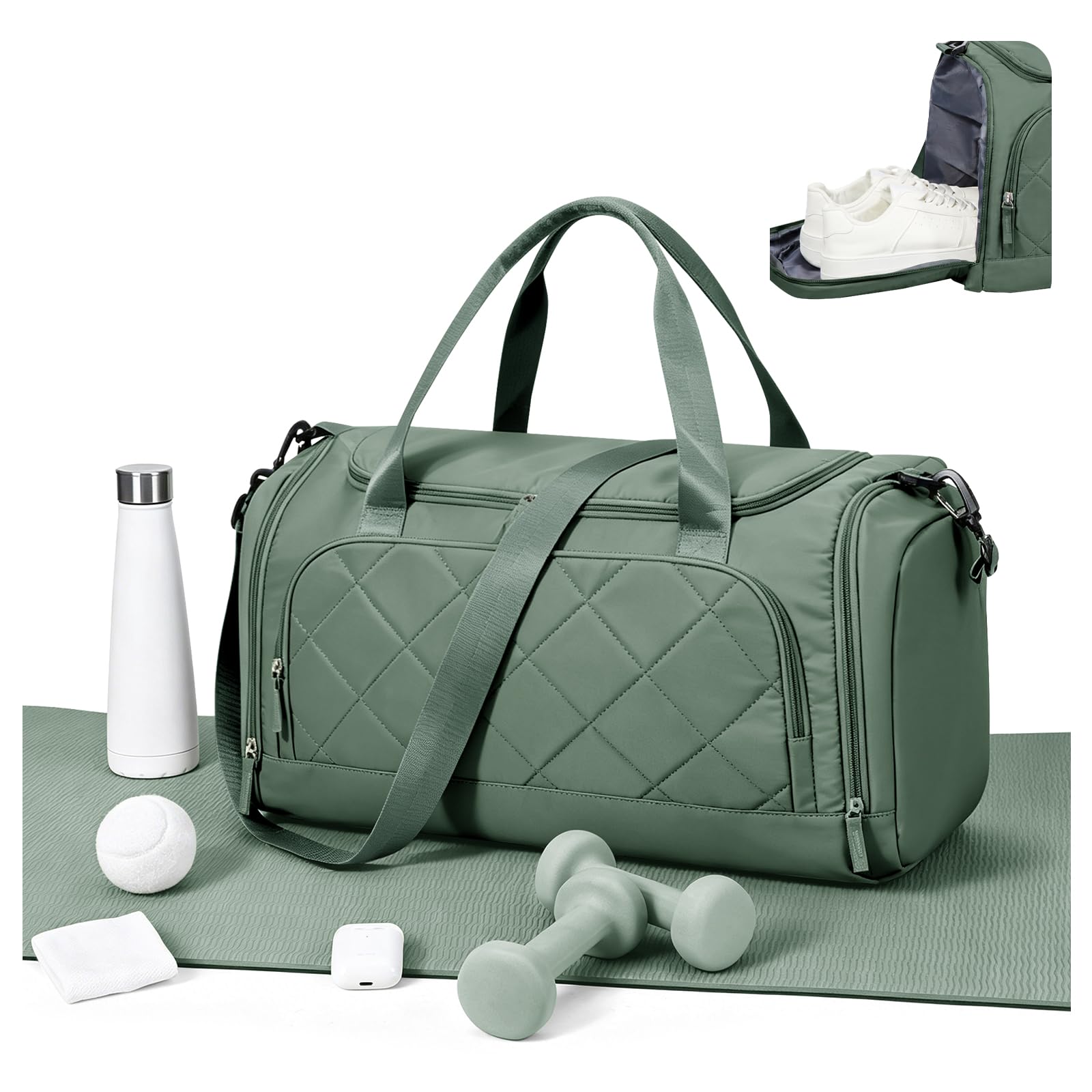 WEPLAN Sac de Sport Femme Homme Gym Bag Léger Sac de Voyage Weekend | Sac de Gym avec Compartiment de Chaussures et Poche Humide Sac Piscine Fitness Sacs de Sport Duffle Bag,A3-Vert Armée