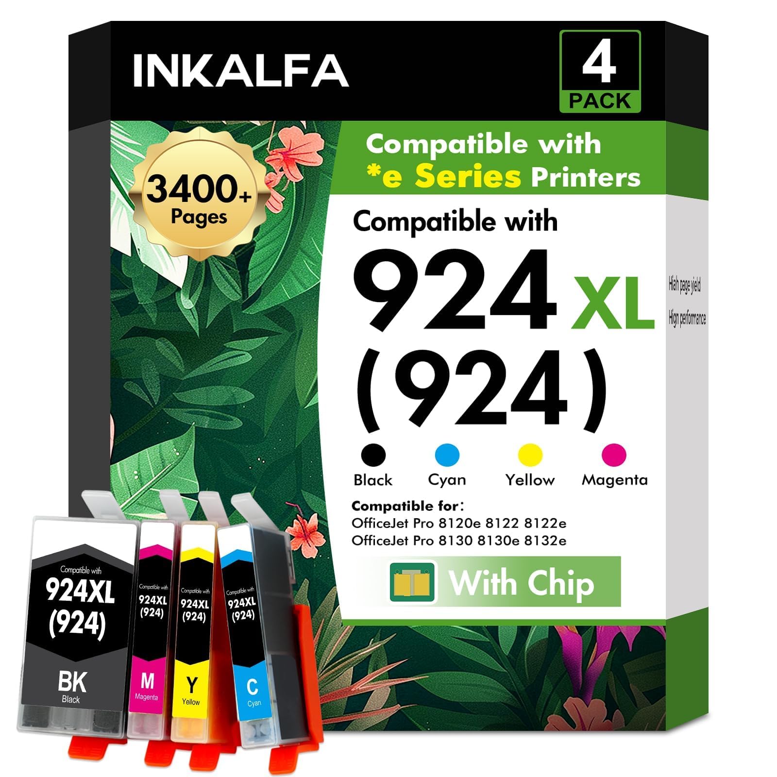 924 Cartouches XL avec Puce Multipack 8132e 8122e Compatible pour HP 924 XL Pack de 4 Cartouches pour HP924 924XL 924e pour HP OfficeJet Pro 8132e 8122e 8120e 8130e 8125e 8124e Cartouches d'imprimante