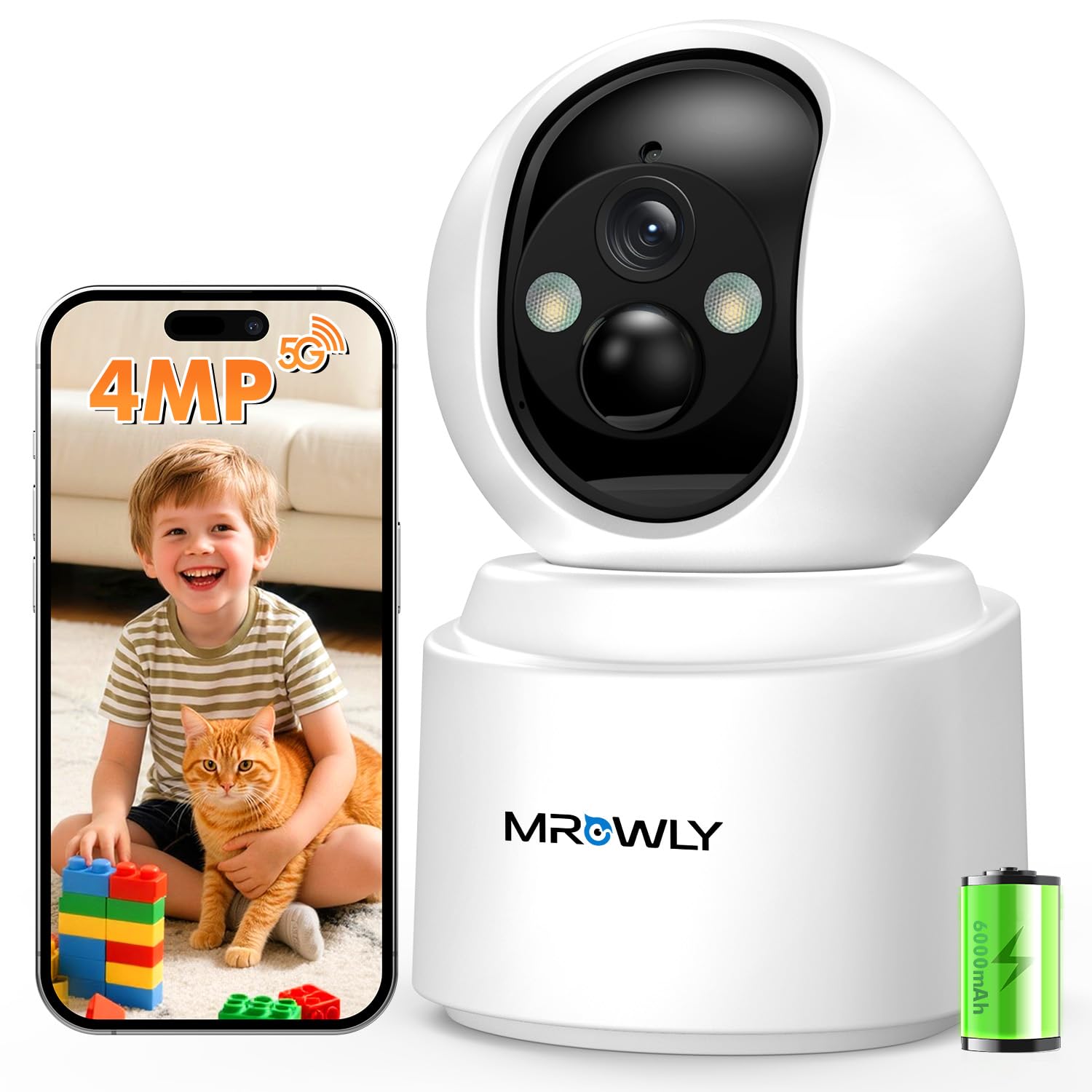 Mrowly 2.5K 4MP Camera Surveillance WiFi Interieur sans Fil, 360° PTZ | Caméra Interieur Batterie 6000mAh, 2.4G/5GHz, Vision Nocturne, Détecteur PIR, Audio Bidirectionnel pour Maison, Bébé/Animaux