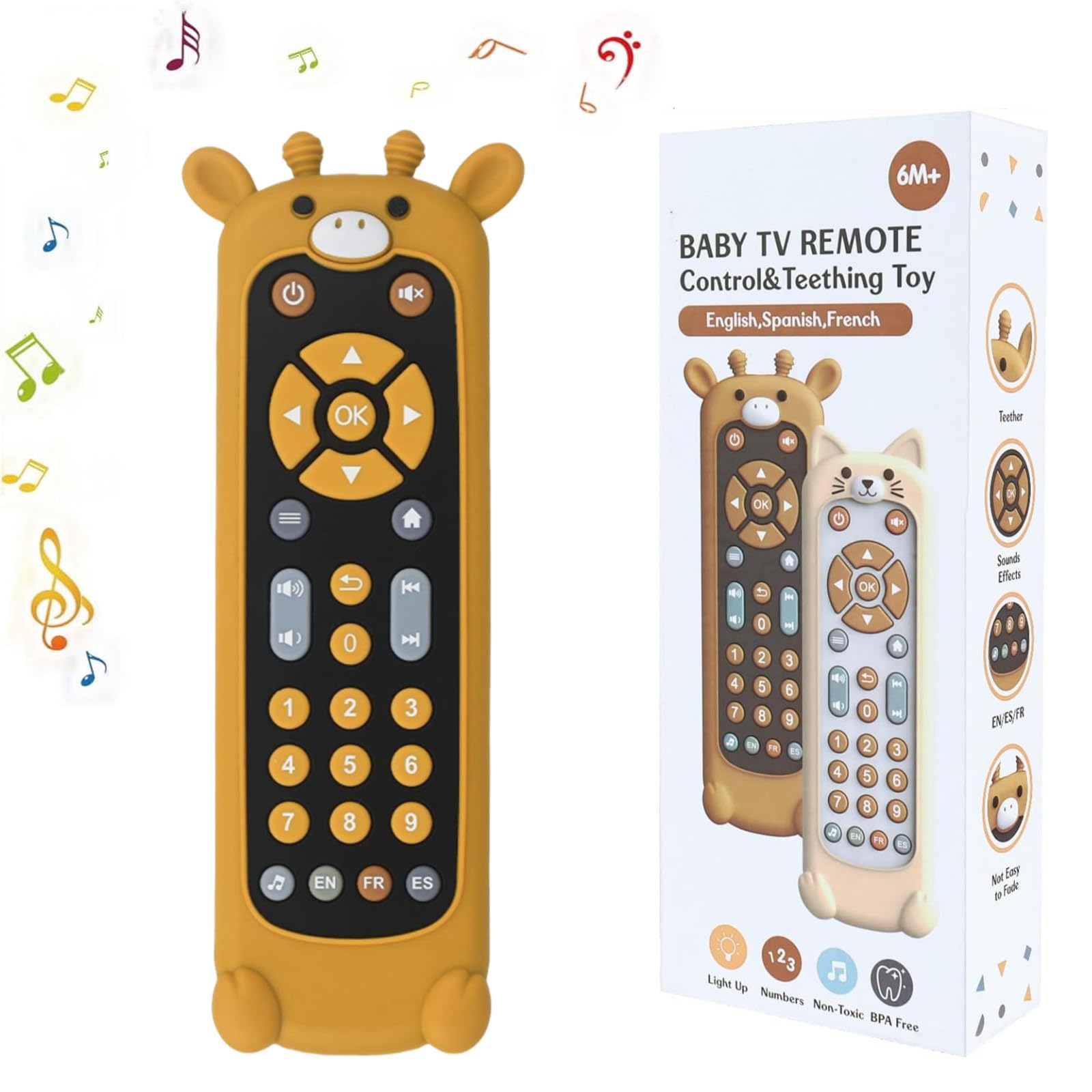 JoyJoyful Jouet Telecommande TV Enfant Bebe 1 an, 3 Langues Jeux Educatif Cadeau Fille 1 an pour Français/Espagnol/Anglais, Jouets Musicaux, Jouets d'apprentissage Précoce Einstein (Girafe Noire)