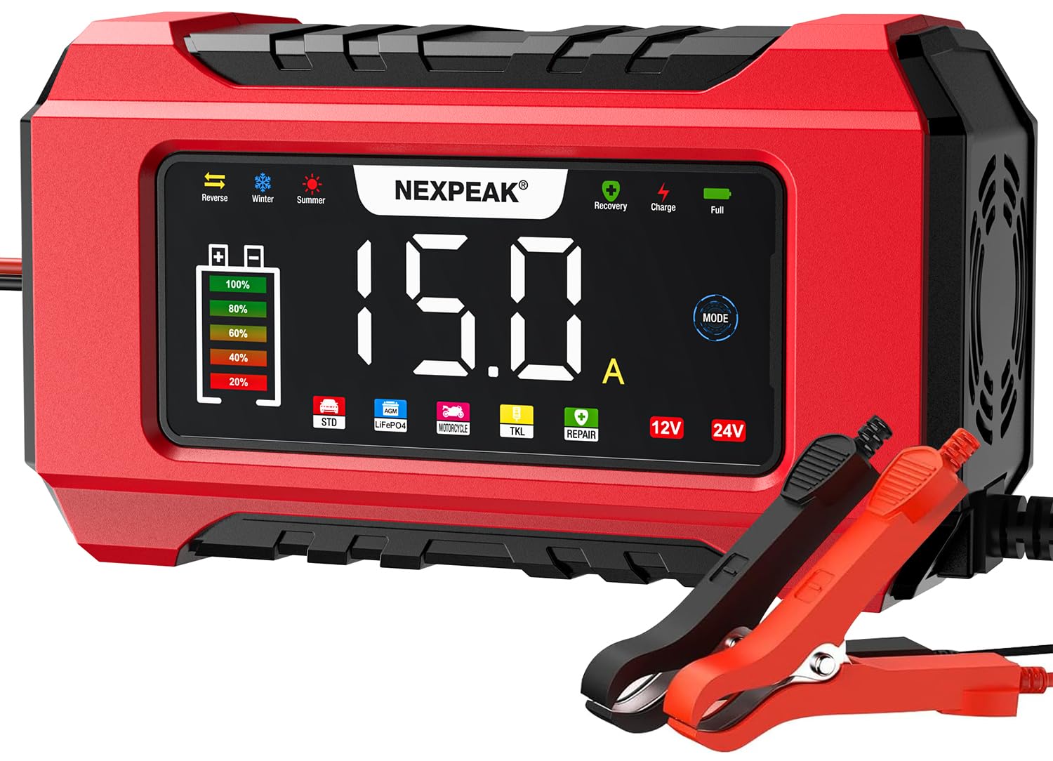 NEXPEAK Chargeur Batterie Voiture 12V15A/24V8A Plomb-Acide LiFePO4 - Rouge | Compensation temp, Charge 9 étapes, Réparation impulsion, écran LED pour batteries plomb-acide et LiFePO4 auto bateau
