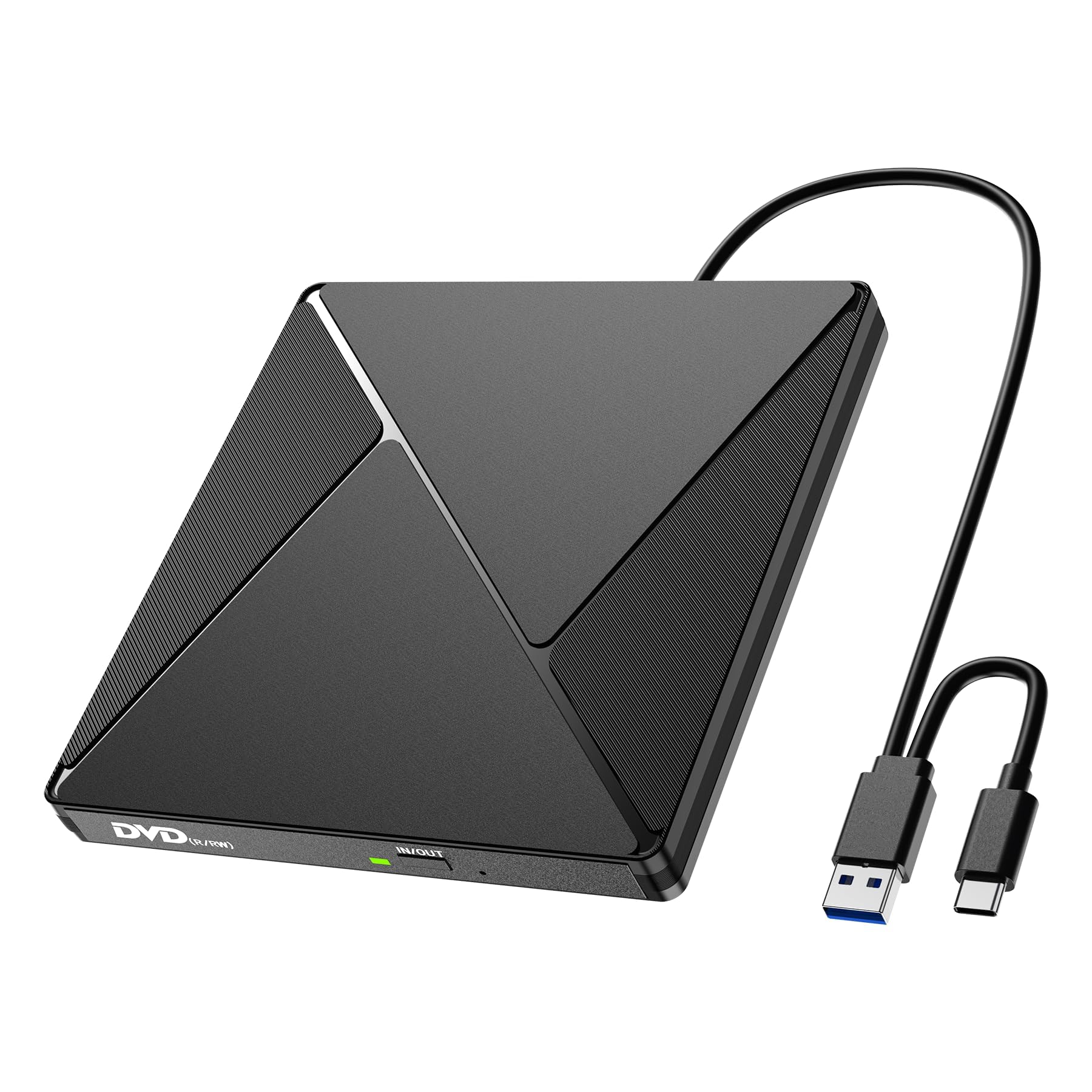 Lecteur CD/DVD Externe pour PC, USB 3.0 et USB-C Graveur DVD Externe Optique Portable CD/DVD -/+RW Drive, Mince DVD Player Transmission Rapide Câble USB Intégrée pour Windows/MacOS/Laptop/Desktops