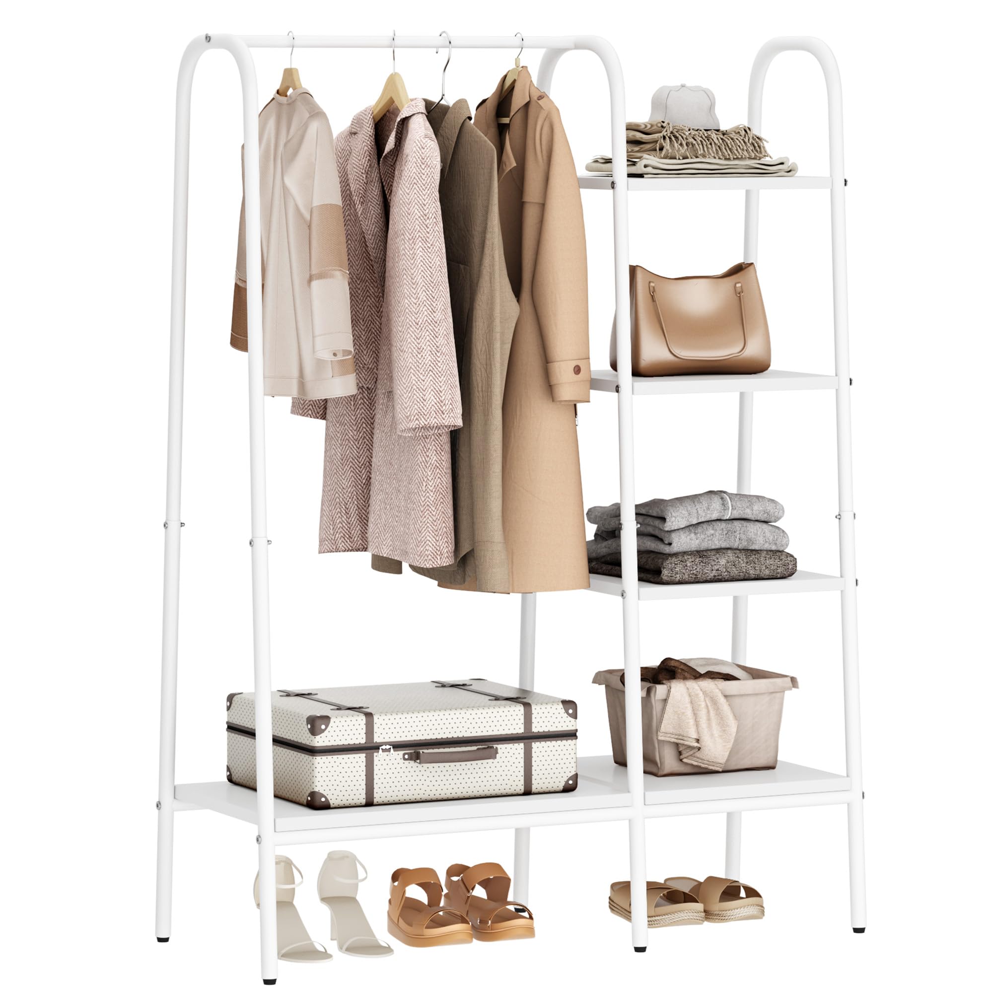SogesHome Portant à vêtements en Métal avec Étagères Penderie Ouverte Design Meuble de Rangement pour Chambre, Entrée ou Studio, 100 x 40 x 151 cm
