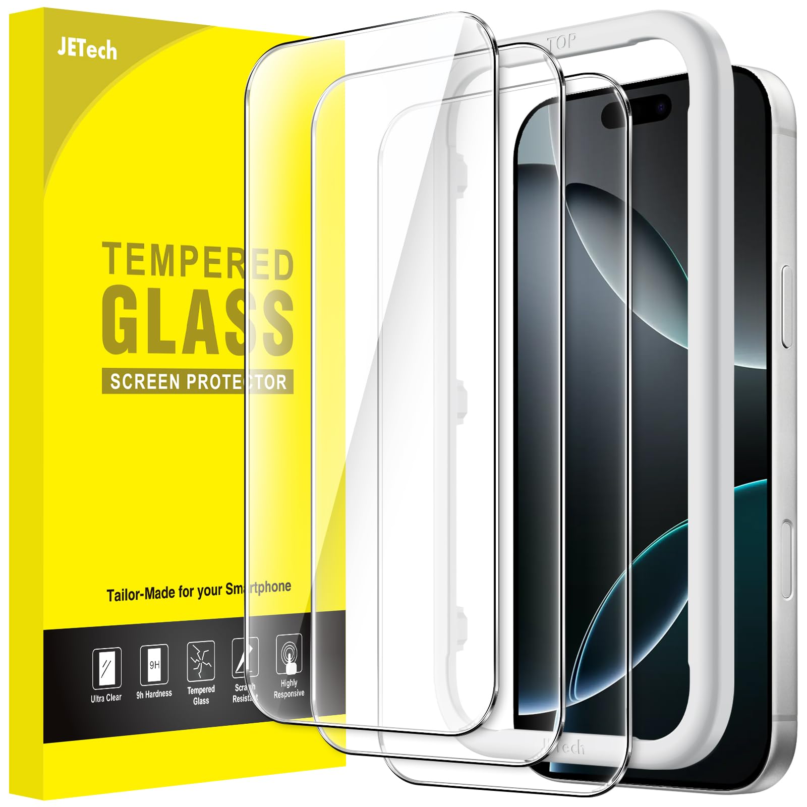 JETech Verre Trempé pour iPhone 16 Pro, Lot de 3 | 9H Protection D'écran, Transparent HD, Protection Anti-Rayures, Outil d'Installation Facile