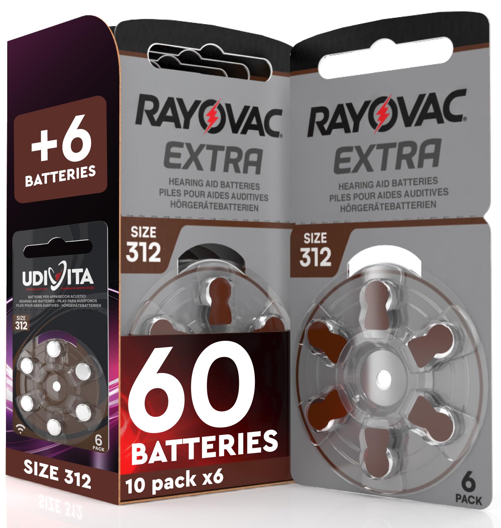 60 Piles pour Appareils Auditifs Rayovac Extra 312 + 6 Piles Udivita | 10+1 Plaquettes de 6 Batteries