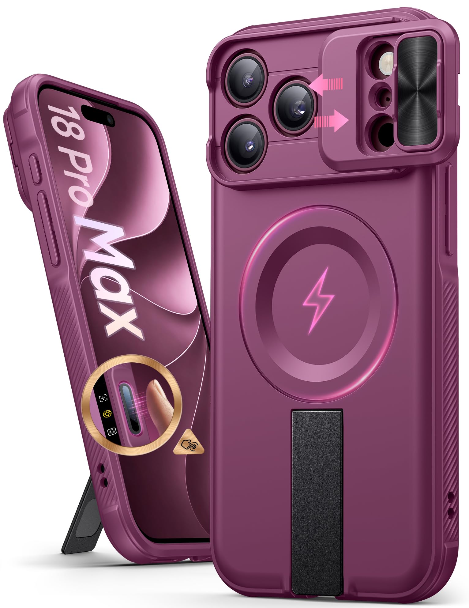Vihibii Coque pour iPhone 18 Pro Max avec Commande de la Caméra, Bordeaux | Compatible avec MagSafe, Protection Double Coulissante pour Caméra, Dissimulé Support, Silicone Militaire Antichoc Slim Etui