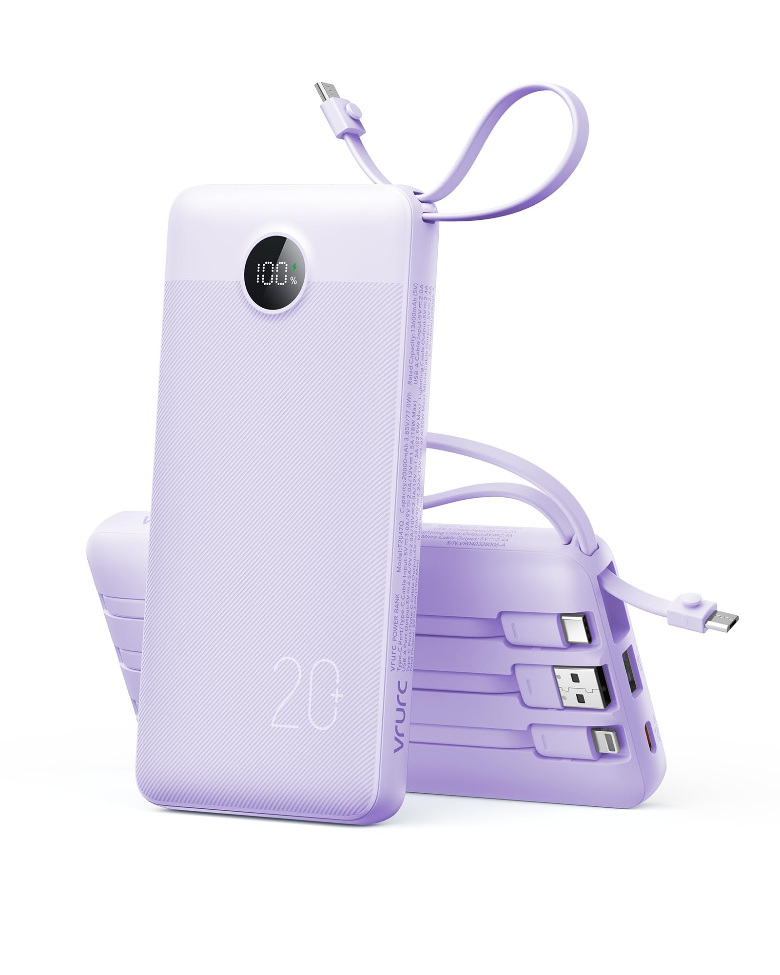 VRURC Batterie Externe 20000mAh Powerbank avec 4 Câbles Charge Rapide 22,5W | Chargeur Portable avec Écran LED, Batterie Externe USB C Fast Charging Compatible avec iPhone Huawei Samsung Smartphones