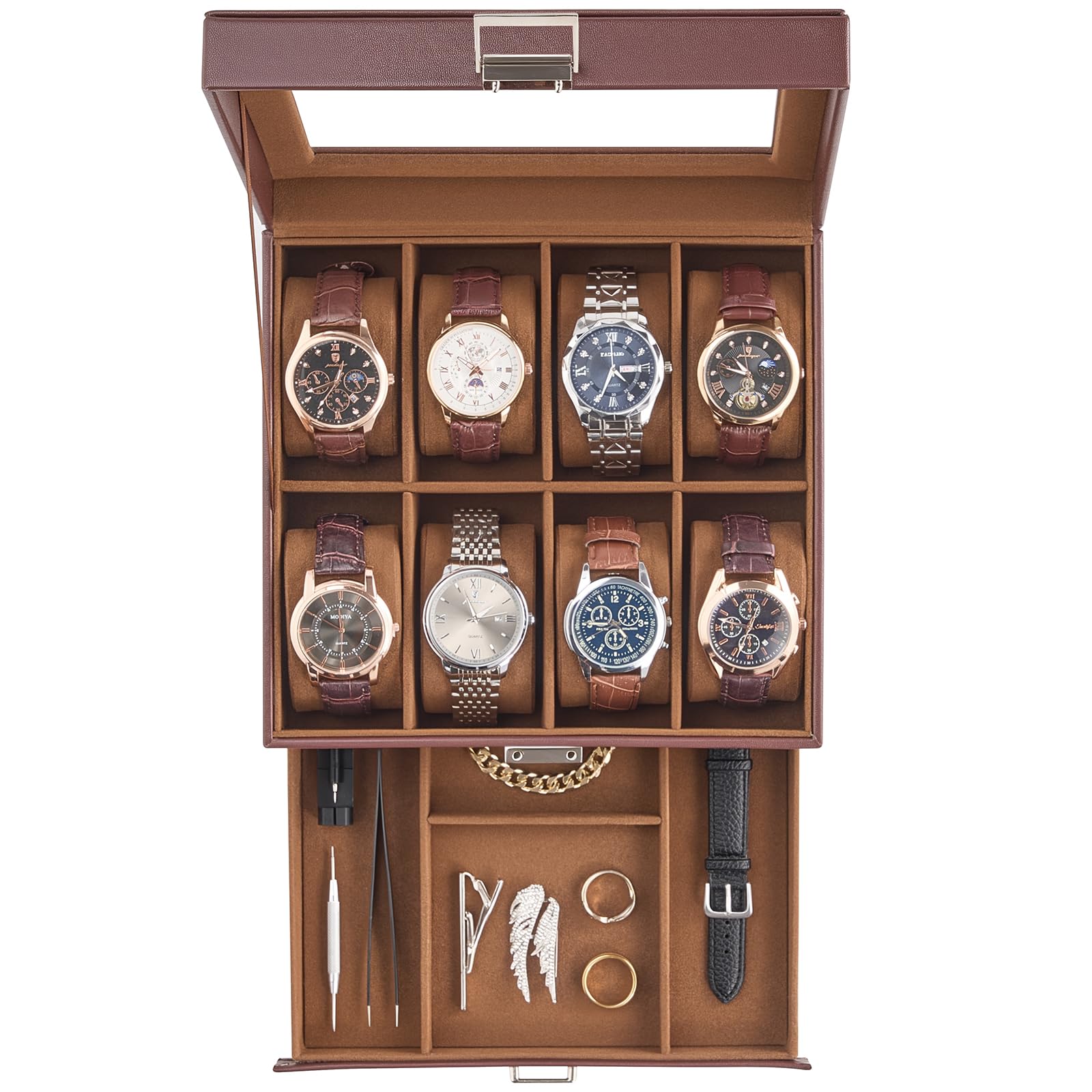 ProCase Boîte à Montres à 2 Niveaux avec Couvercle Transparent, 8 Compartiments et 1 Tiroir, Coffret de Rangement pour Montres, Bagues, Bracelets -Marron
