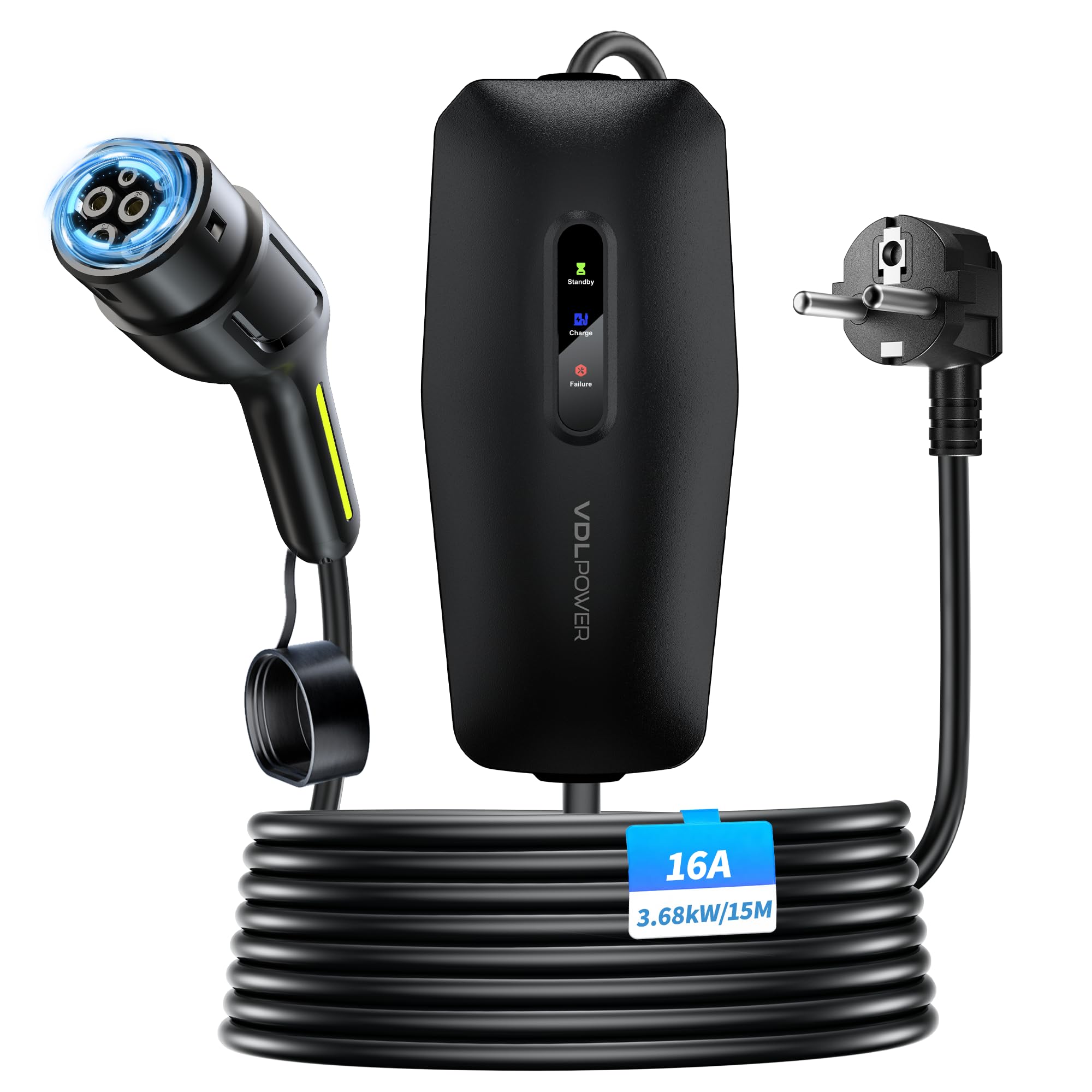 Chargeur Voiture Electrique, 3.68KW /15M EV Chargeur Type 2, Cable Recharge Véhicule Electrique 16A avec EU Schuko Prise, Borne de Recharge Monophasé IP65, Compatible avec E-208, Model Y/3,ID.3, ID.4