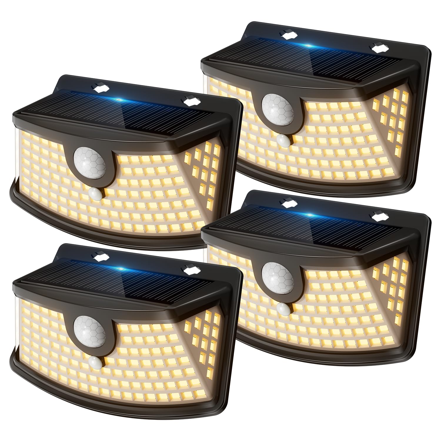 Aootek Lampe Solaire Extérieur Jardin Murale, Lot de 4, 120 LEDs, IP65 | Détecteur de Mouvement 8m, Forme Courbée, Batterie Lithium, Coque Noire, Lumière Chaude