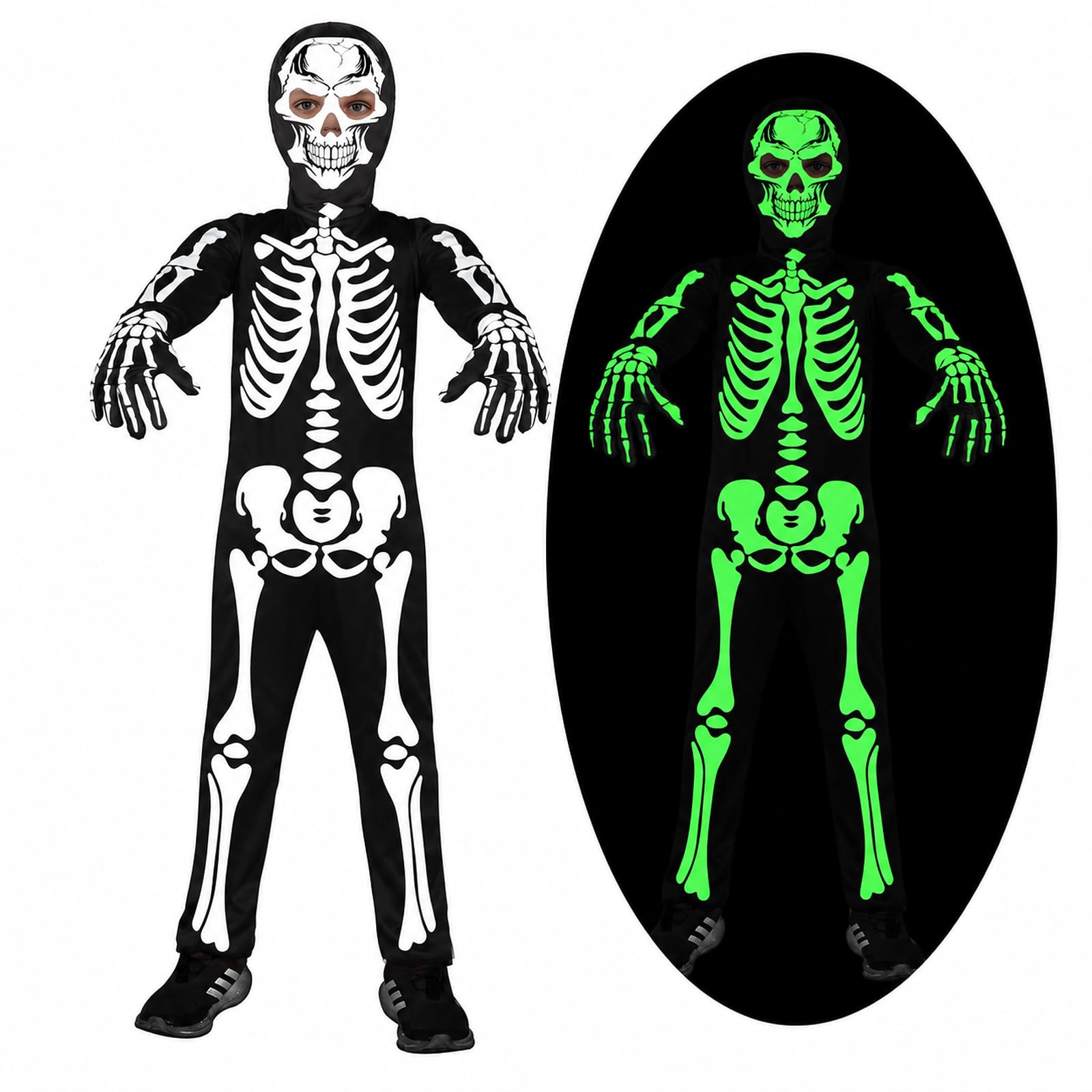 Joozmui Deguisement Halloween Enfant, Déguisement Squelette Enfant avec Combinaison Intégrale et Masque Crâne- Costume Squelette Garçons et Filles 4-12 Ans