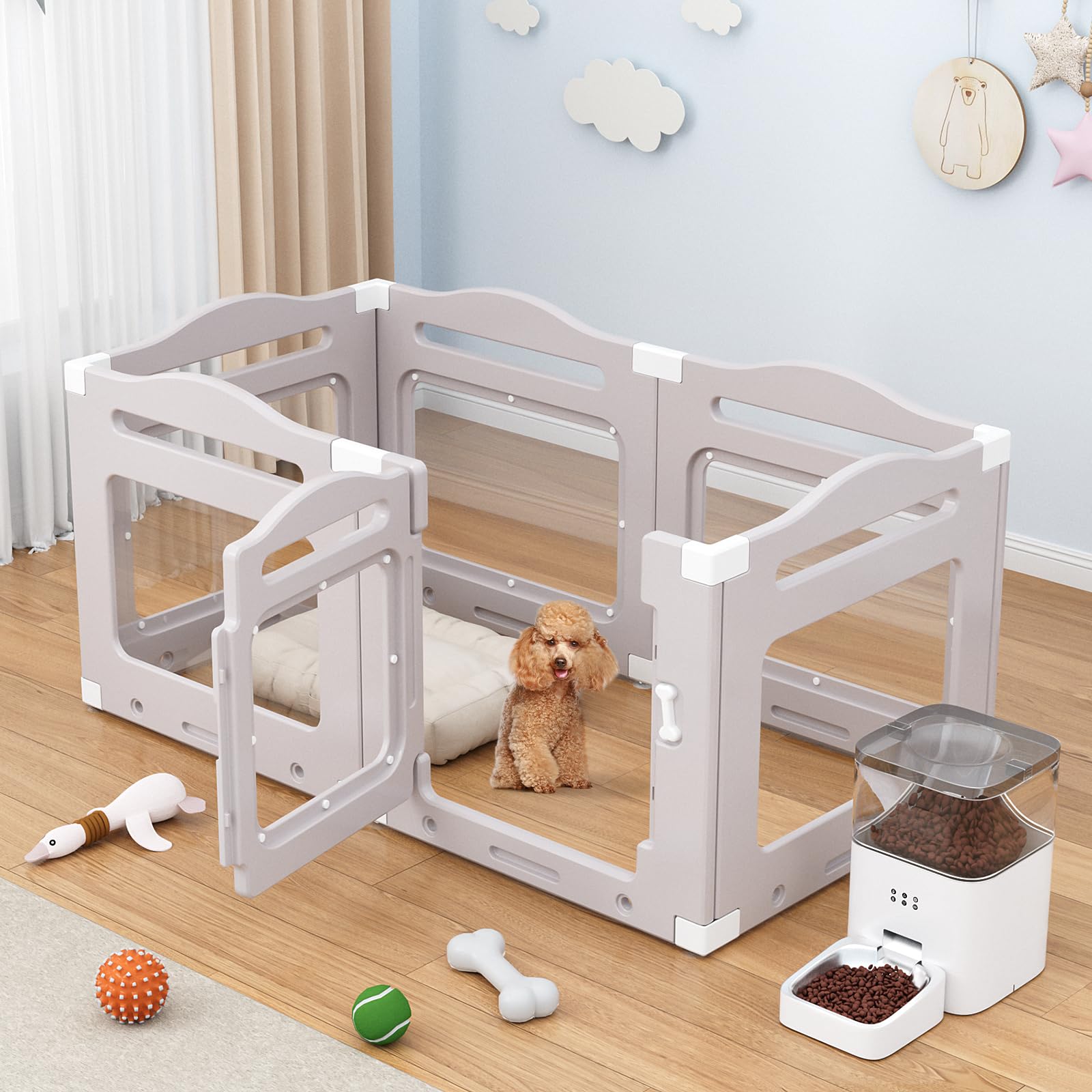 Enclos pour Chien en Acrylique 60cm, 5 PCS +1 Panneaux avec Porte à Verrou, Clôture d'Intérieur Parc Chien Interieur, Pliable avec Ventouses, adapté aux Appartements, Gris Chaud