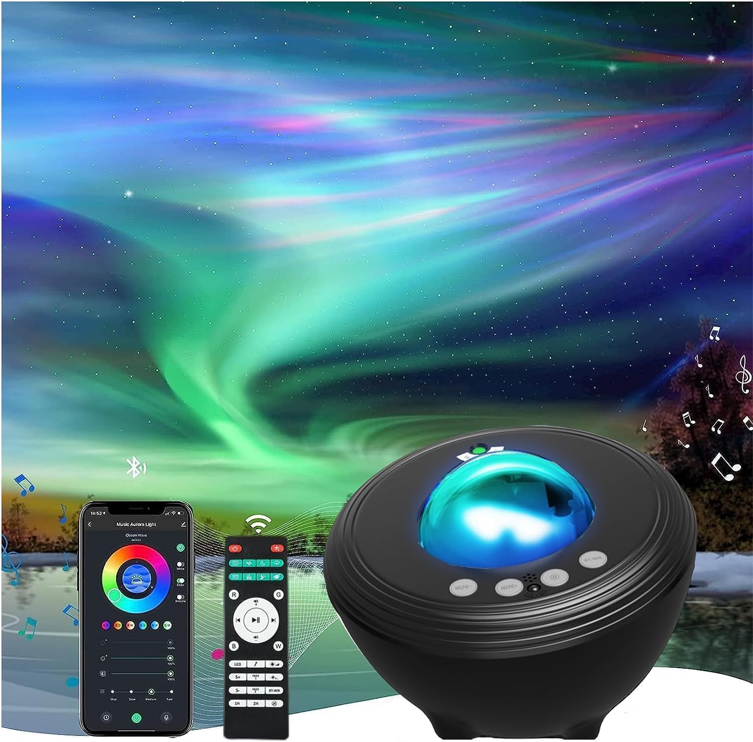 Projecteur Ciel Etoile Galaxie Aurore Boréale Veilleuse Musicale et Lumineuse Planetarium Lampe Plafond pour Adulte Enfant avec somnifères bruit blanc, Compatible avec Alexa – Noir