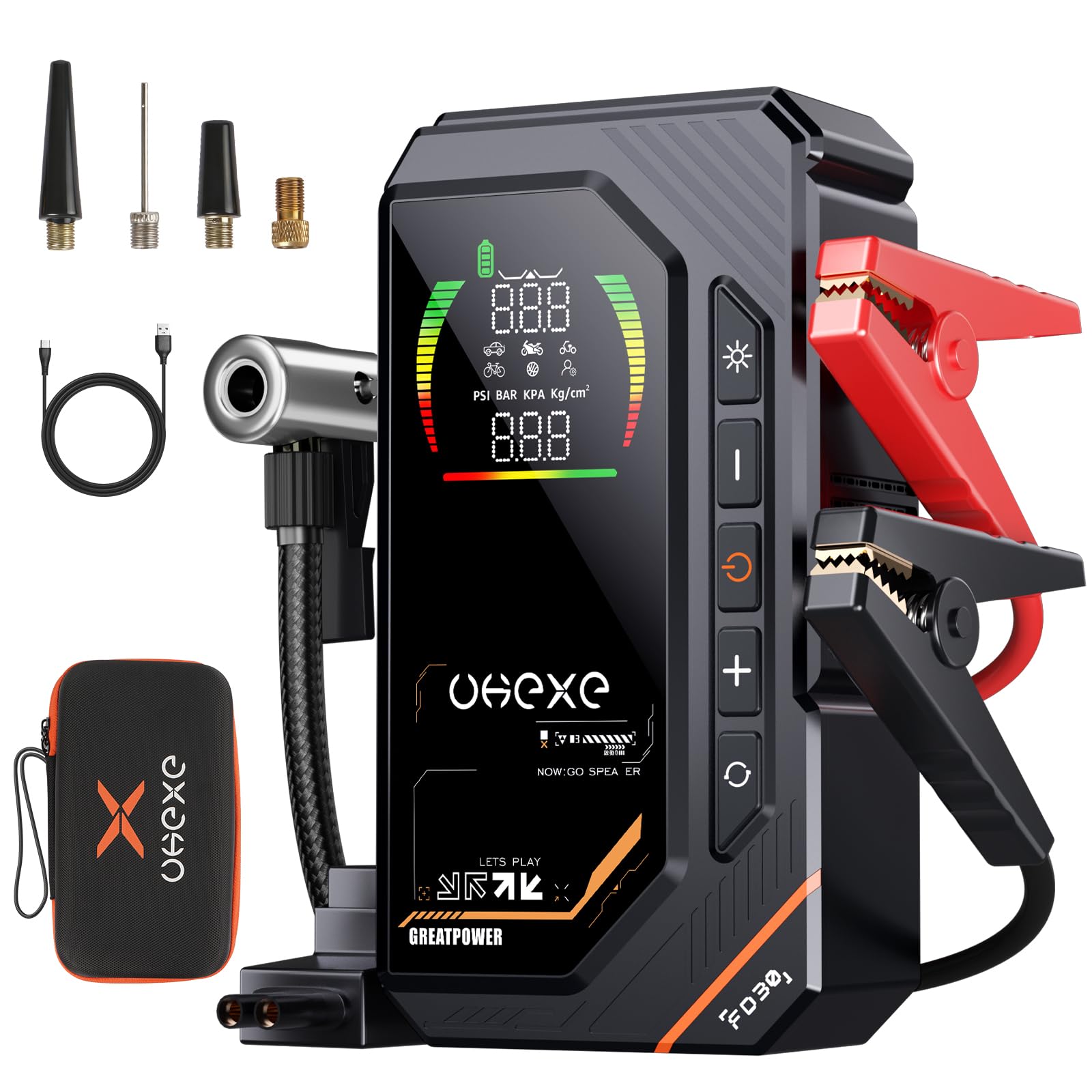 UKEXE Booster Batterie Voiture 5000A, 160PSI Gonfleur Pneus Voiture | Démarreur avec Compresseur à Air, 12V Jump Starter pour Véhicule(gaz 10,0 L et Diesel 9,0 L), 400 Lumens LED