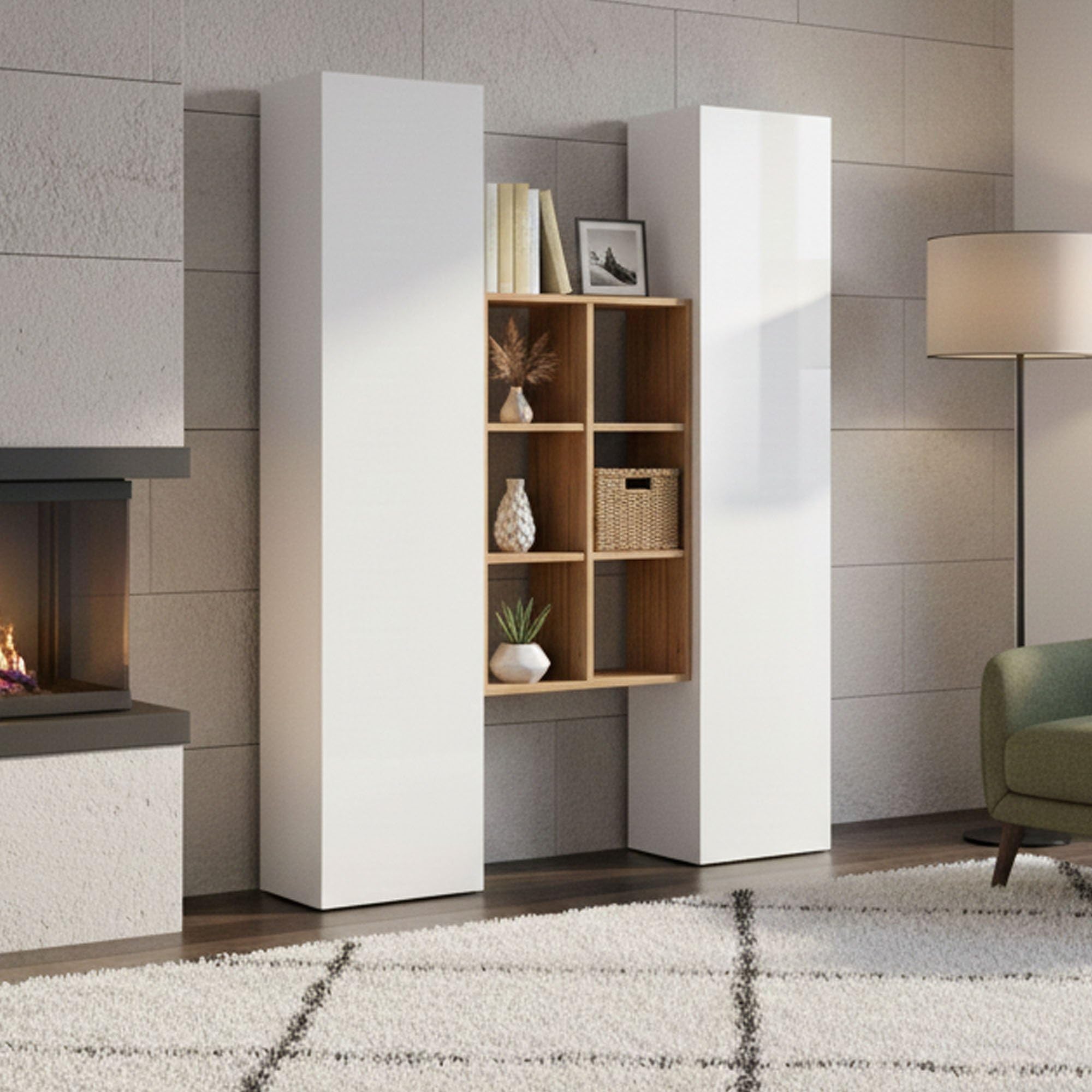 Dmora - Buffet Franco, Ensemble de salon avec 2 portes et étagères, Buffet de salon, Buffet de cuisine, 100% Made in Italy, 140x30h180 cm, Blanc brillant et Érable