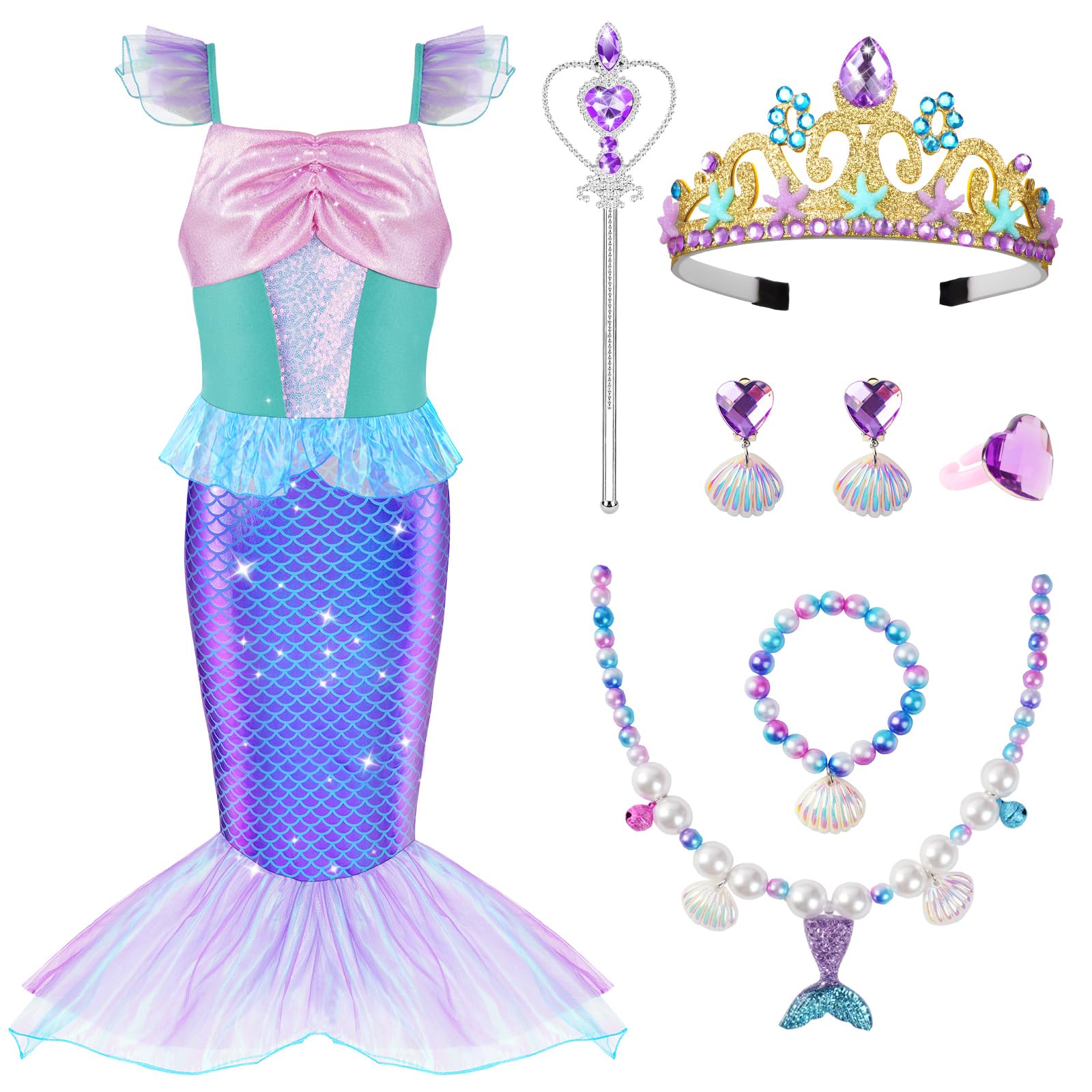 AOOWU Deguisement Robe Princesse Ariel Costume de Sirène pour Enfant Fille, Ariel Robe avec Couronne Baguette Magique bijoux, Deguisement Sirene pour Filles fête d'anniversaire Halloween Carnaval
