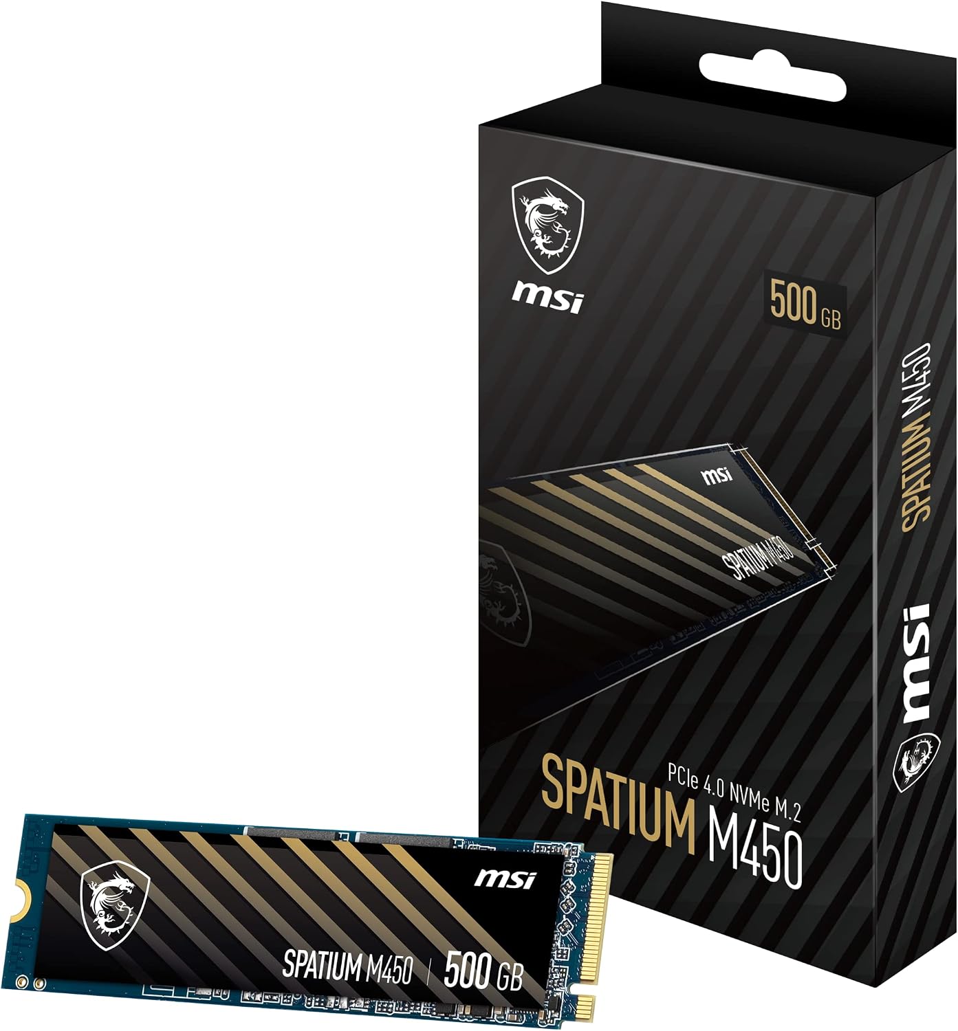 MSI SPATIUM M450 SSD 500GO - Disque SSD Interne PCIe 4.0 NVMe M.2, Lecture 3600 MB/s & Écriture 2300 MB/s, 3D NAND, Sécurité des Données Intégrée, Center - (300 TBW) Noir
