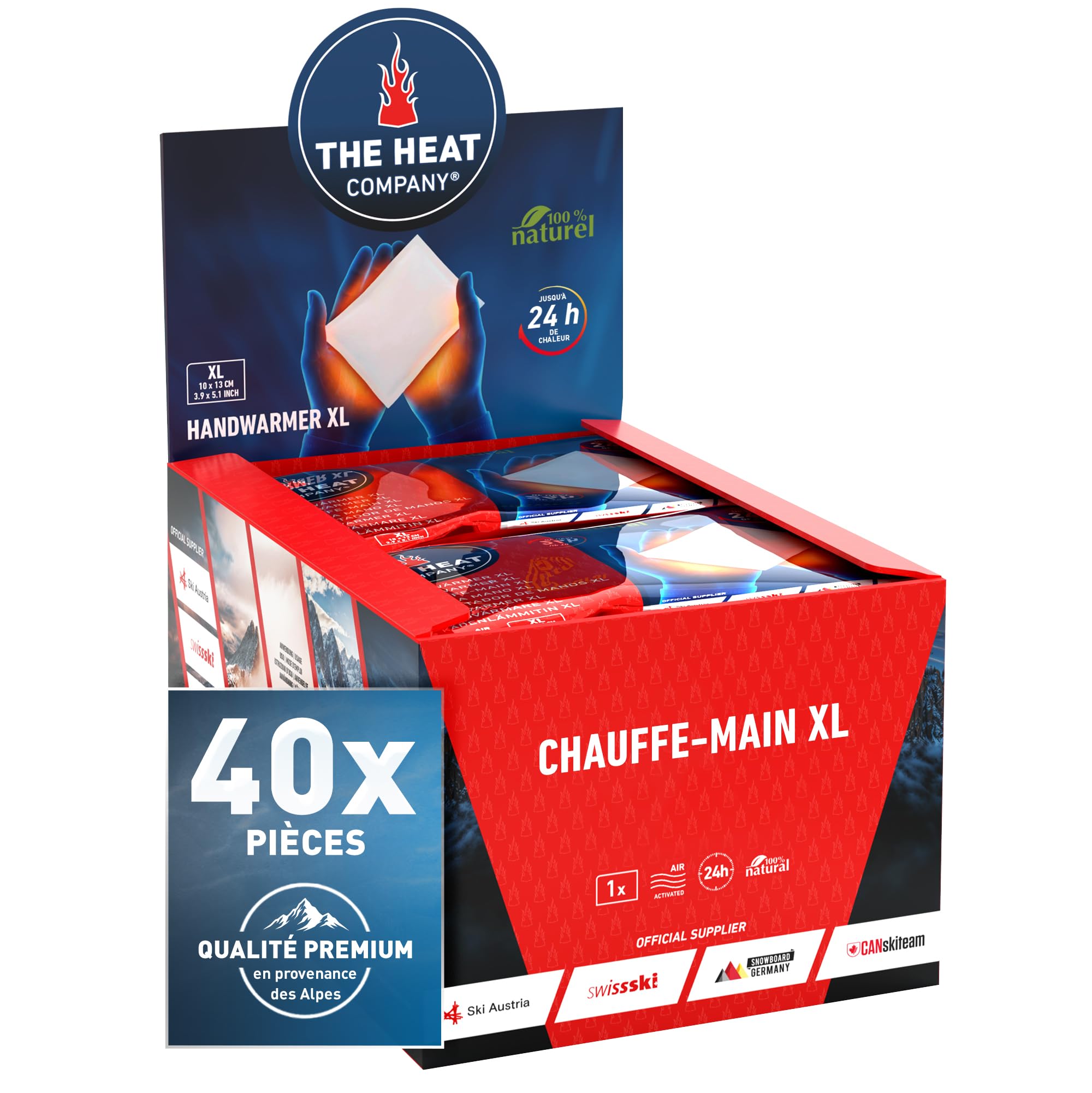 THE HEAT COMPANY Chauffe-Mains XL – 10, 20 ou 40 pièces – Extra Chaud – Coussin Chauffant XL – 24 Heures au Chaud – Chaleur instantanée – Activé par l'air – Purement Naturel
