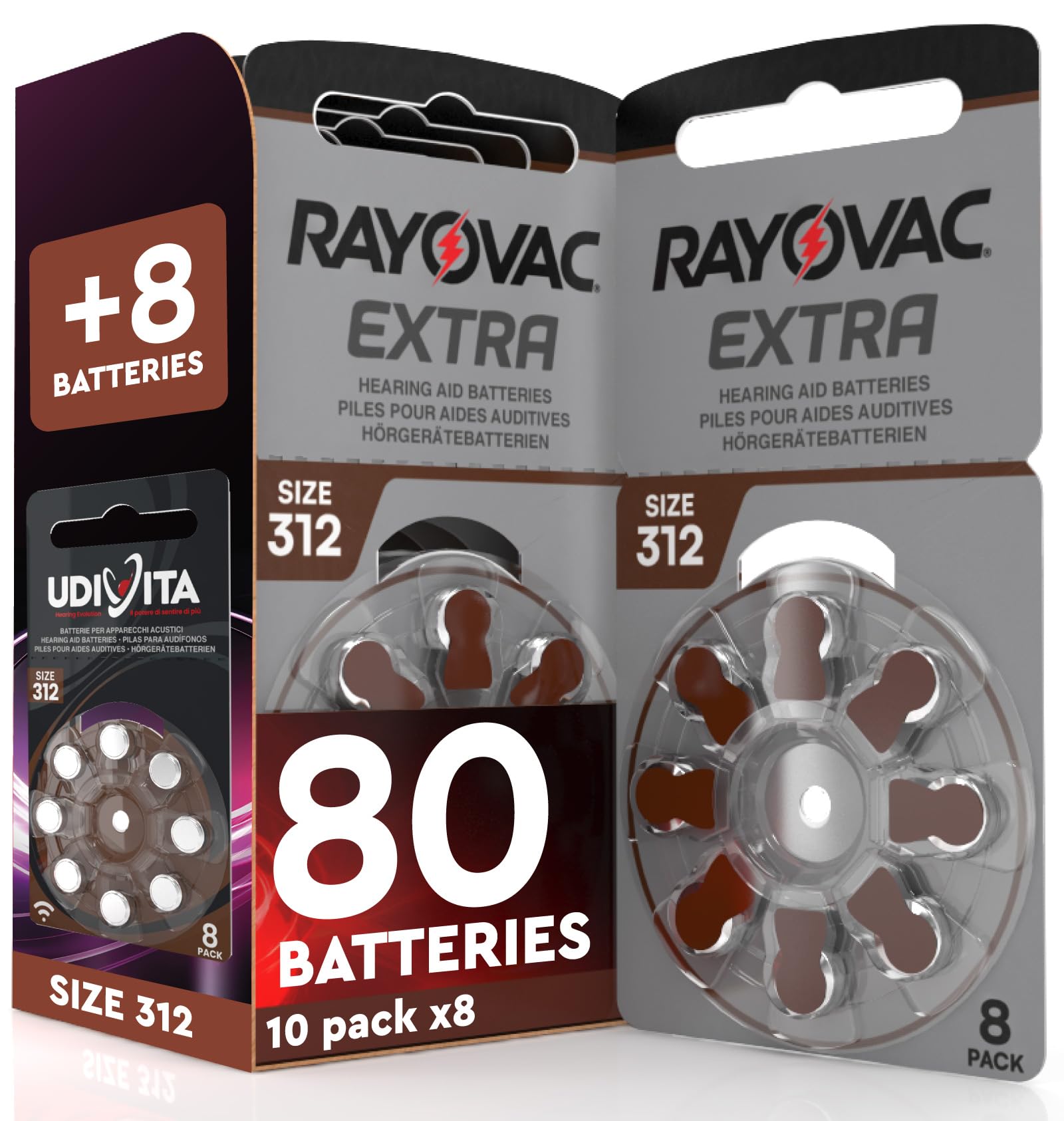 80 Piles pour appareils auditifs Rayovac Extra Taille 312 | 10 + 1 blister de 8 piles