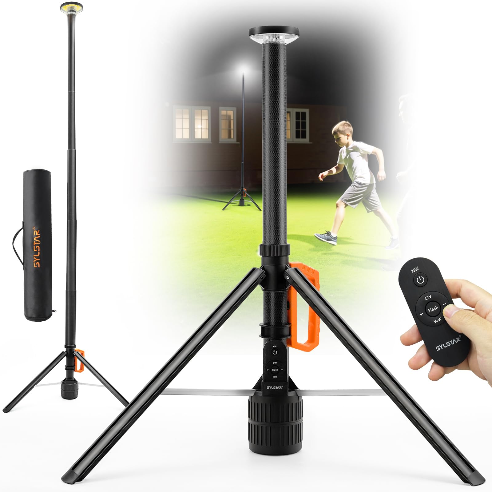 SYLSTAR Projecteur sur Pied avec Télécommande, 3000LM Projecteur LED Rechargeable Ultra Lumineux, 3CCT Dimmable, Trépied Réglable 2,65m, Lampe de Chantier Portable pour Garage Atelier Jardin Camping