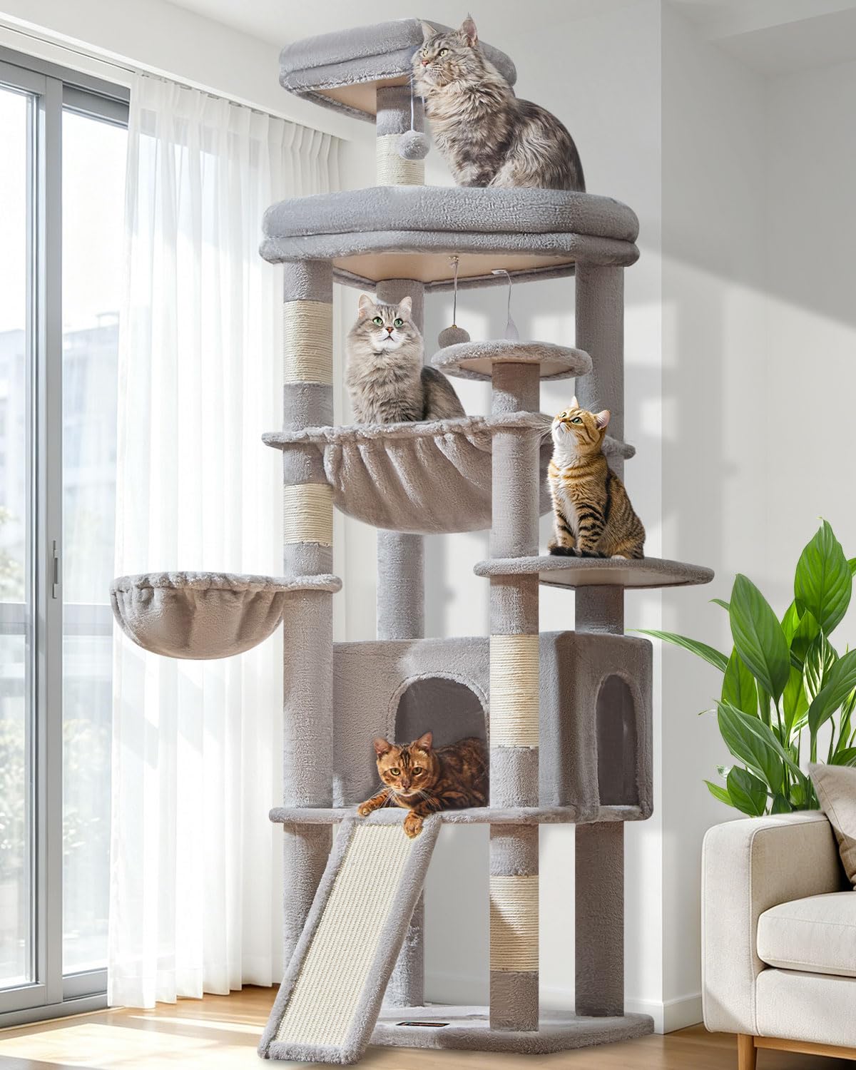 Taoqimiao Arbre À Chat 183 cm, Plateforme Grande Avec Coussins, Niche Large | Tour de Jeux pour Chats spécifique pour Les Chats Grands et Les Maine Coon, Hamac, Panneau À Griffer, Gris Clair MS045W