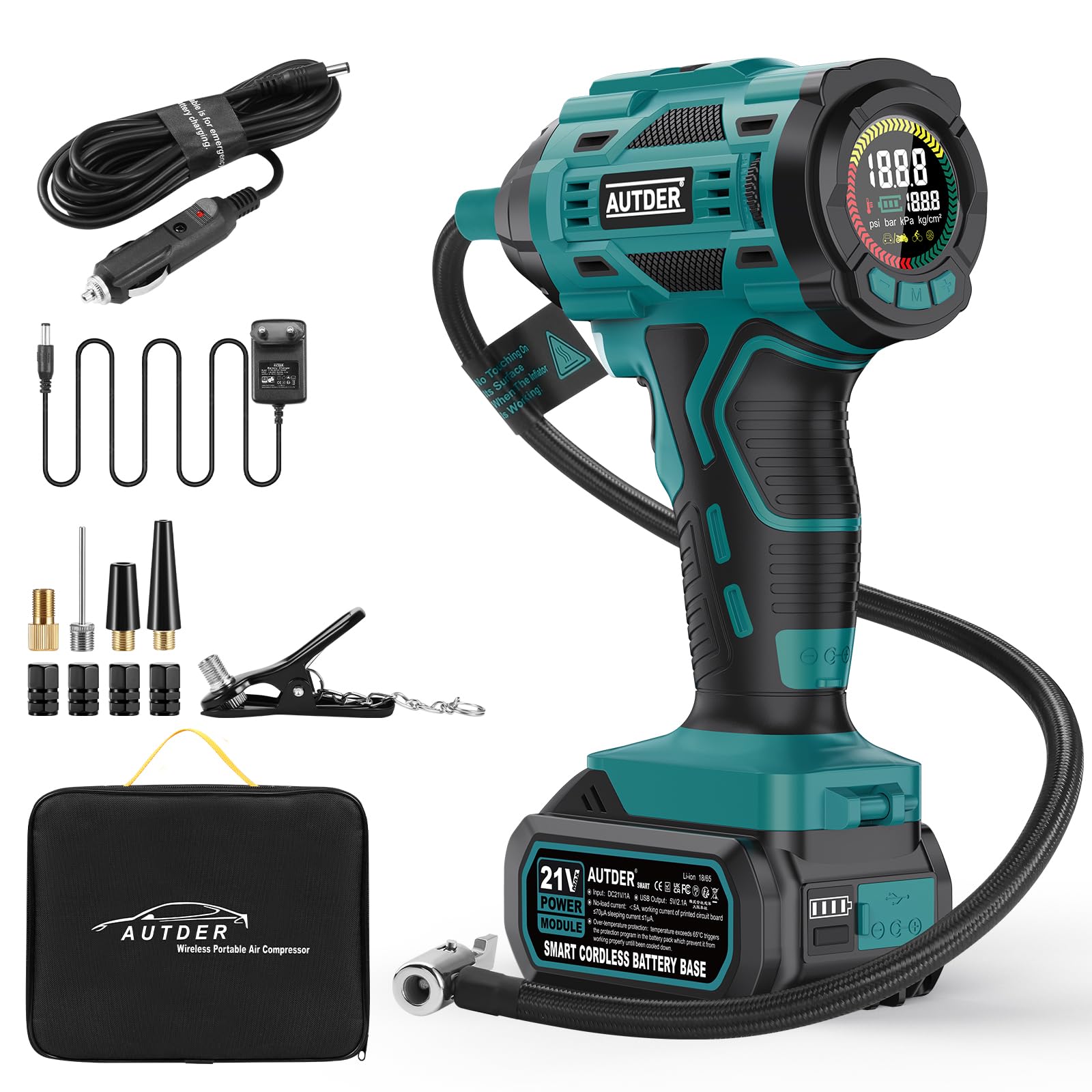 AUTDER Gonfleur Pneus 180 PSI Sans Fil avec Arrêt Automatique | 180 PSI et débit d'air jusqu'à 50 L/min pour un gonflage rapide des pneus et équipements gonflables.