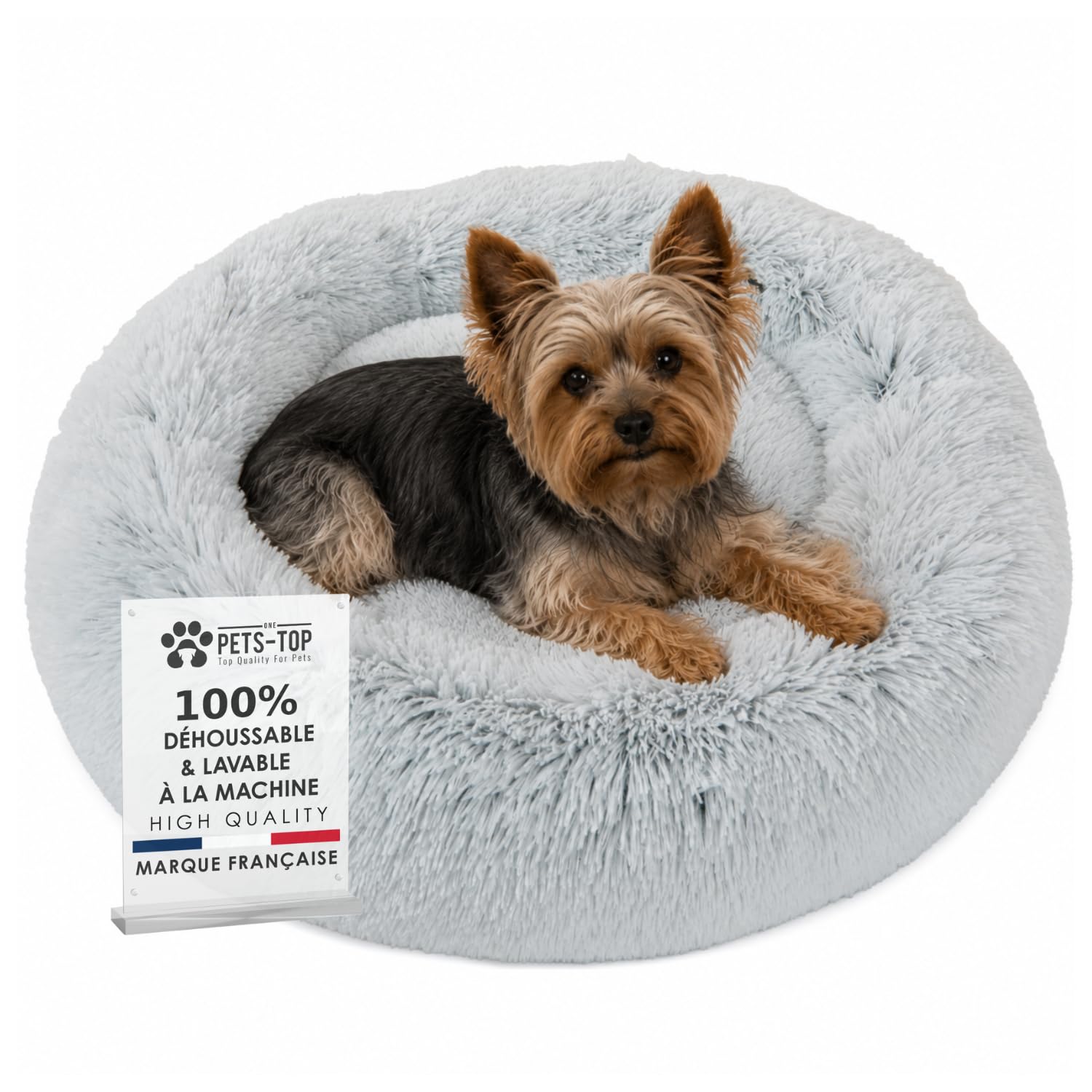 One PETS-TOP Panier Petit Chien Rond (60cm Gris Perle) | Entièrement Déhoussable Lavable Fermetures YKK, Rond Donut Anti-Stress, Coussin Fibre PP et Mousse 2,5 cm, Antidérapant