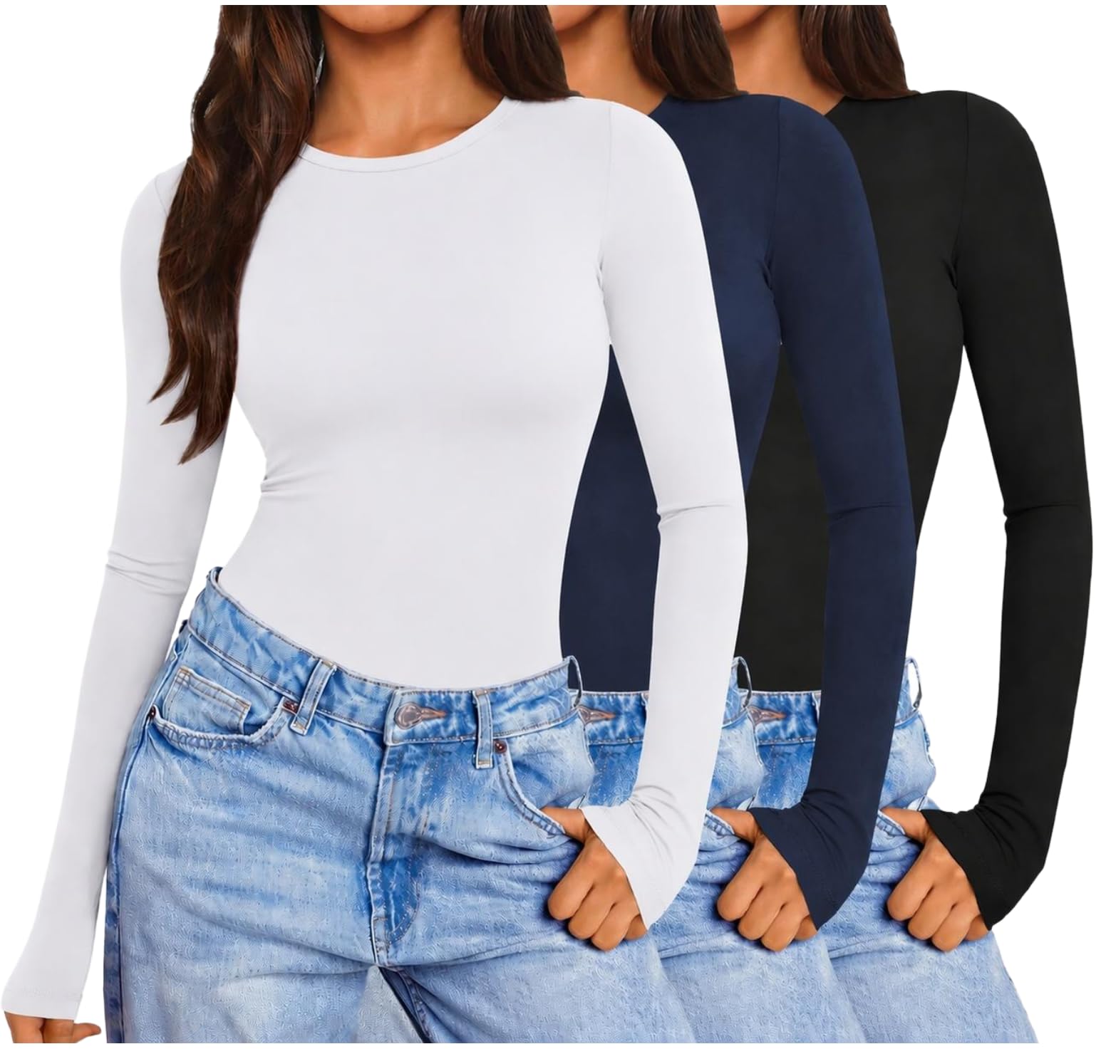 Zeagoo Tee Shirt Femme Manche Longue T Shirt 3 Pièces Thermique Haut | Col Rond Tshirt | Basique Top | Stretch Moulant T-shirt | Idéal pour Quotidien Yoga Bureau Maison｜XS-XXL