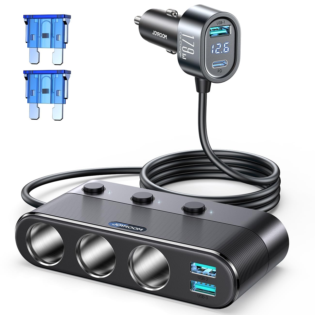 JOYROOM 2026 179W Multi Prise Allume Cigare,【7-en-1】 PD30W Adaptateur Allume Cigare USB C avec 1m de Fil, 12V/24V Chargeur Voiture avec Indicateur de Tension LED pour iPhone 17/Samsung S26