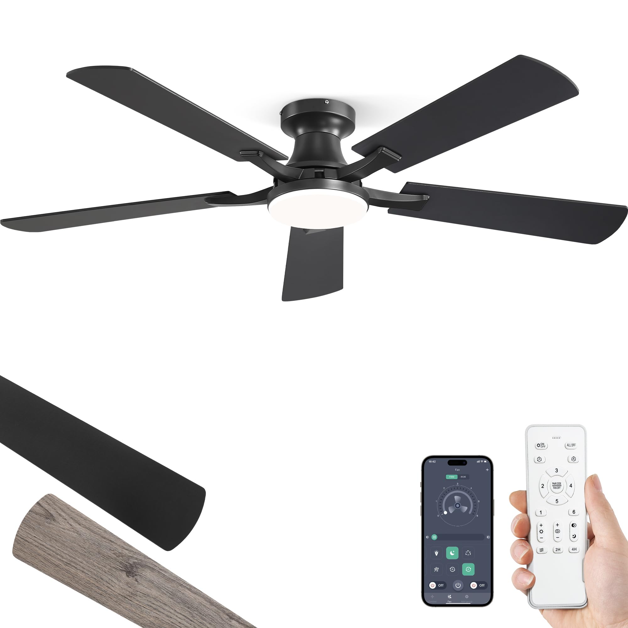 ZMISHIBO Ventilateur de Plafond avec Lumière 132 cm,Moteur DC Réversible | Ventilateur Silencieux avec Télécommande et App, Plafonnier Ventilateur Design Plat, LED 20W Dimmable, Noir / Bois clair