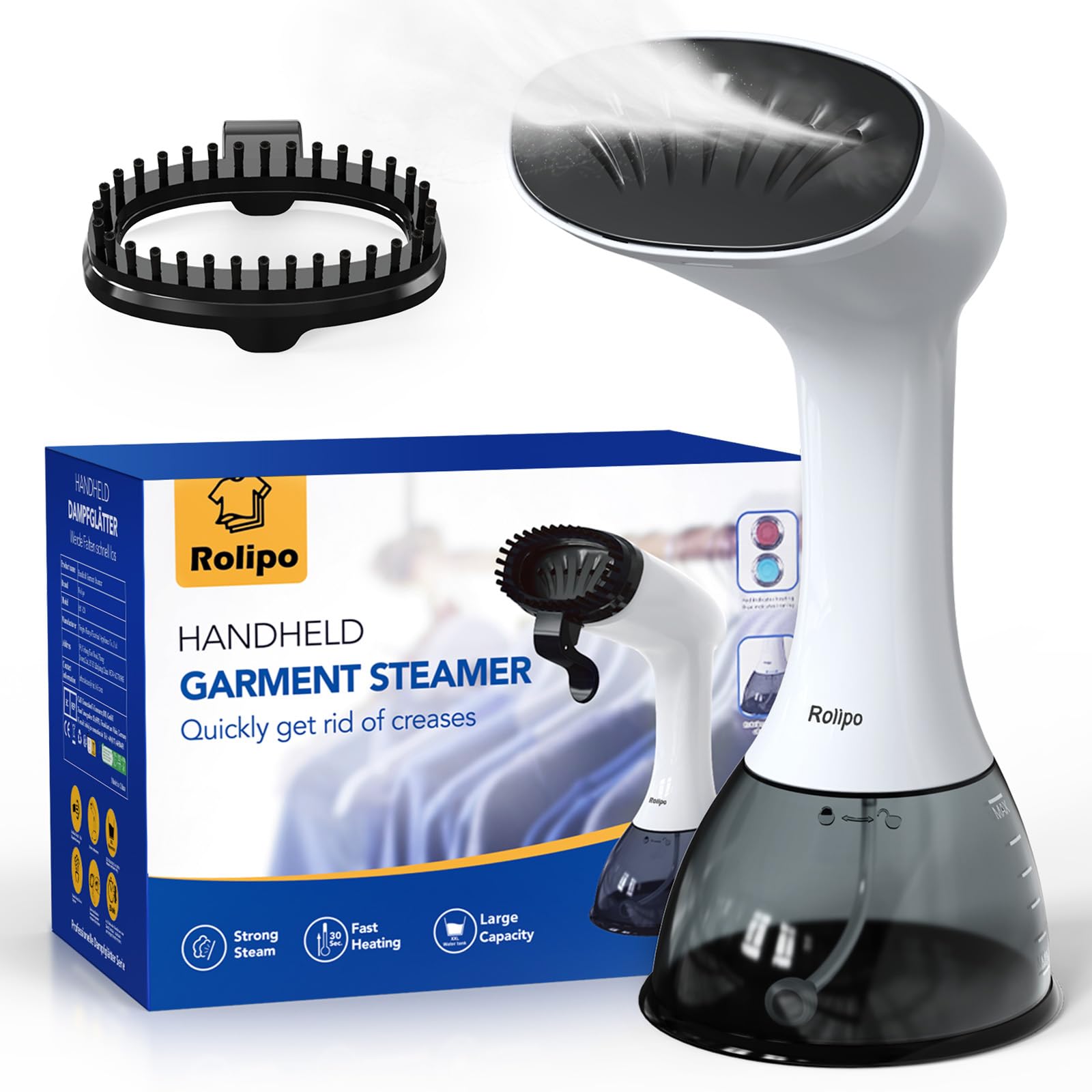 Rolipo Défroisseur de Vêtements 1640W, 30g/min, Réservoir 400ml | Vapeur continue, jusqu'à 21 min d'utilisation, pour tissus épais et délicats, câble 2,2 m, idéal maison, bureau et voyage