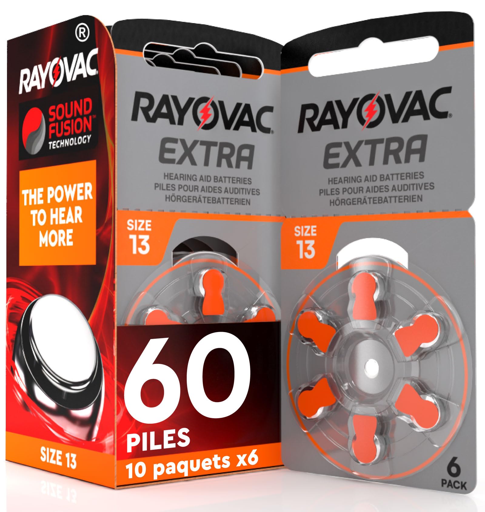 60 Piles pour Appareils Auditifs Rayovac Extra 13 Technologie Suond Fusion | 10 Plaquettes de 6 Piles