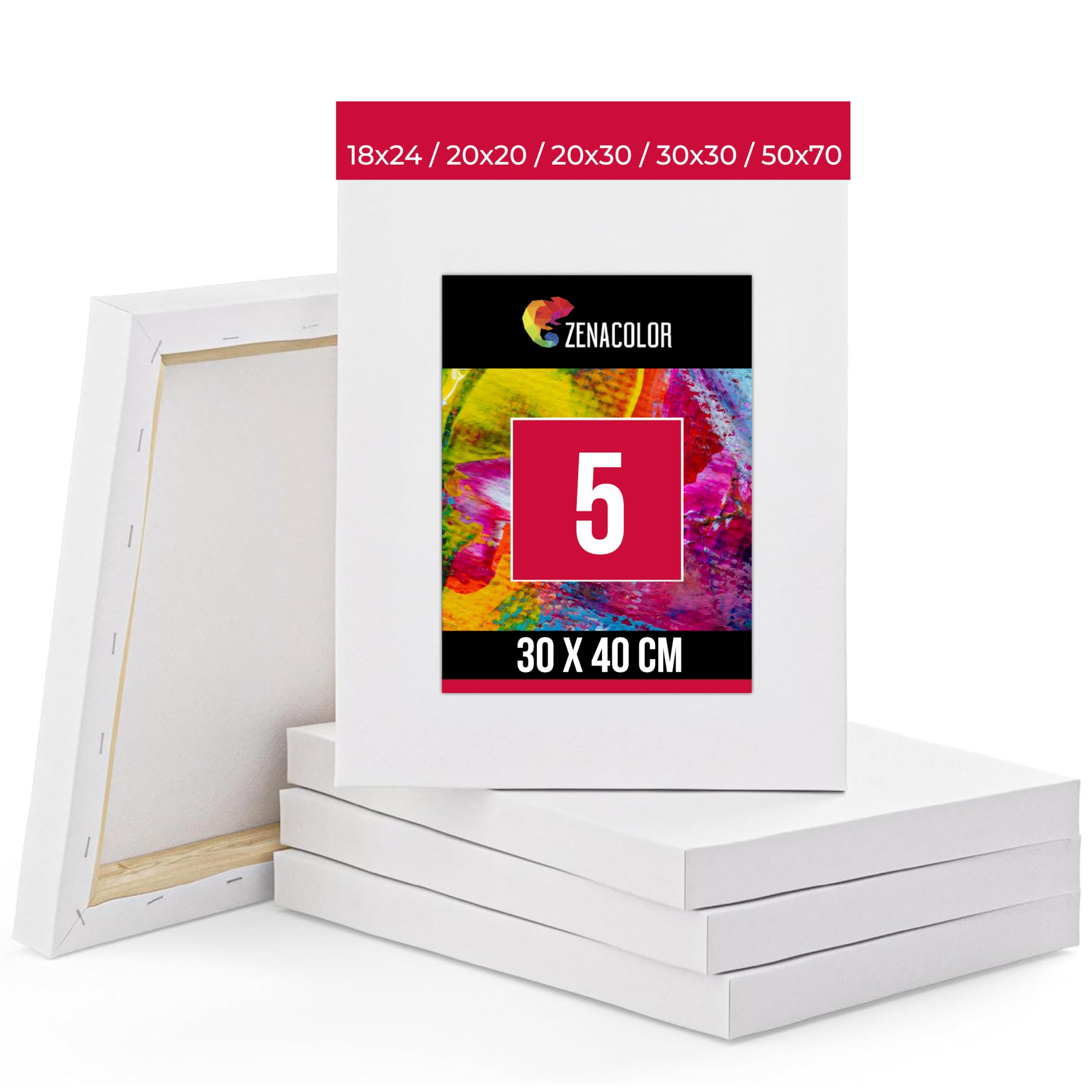 ZENACOLOR Lot de 5 Toiles a Peindre 30x40cm - Toile Peinture Acrylique/Huile/Gouache - Toile Vierge/sans Acide / 100% Coton - Canvas avec Chassis Bois