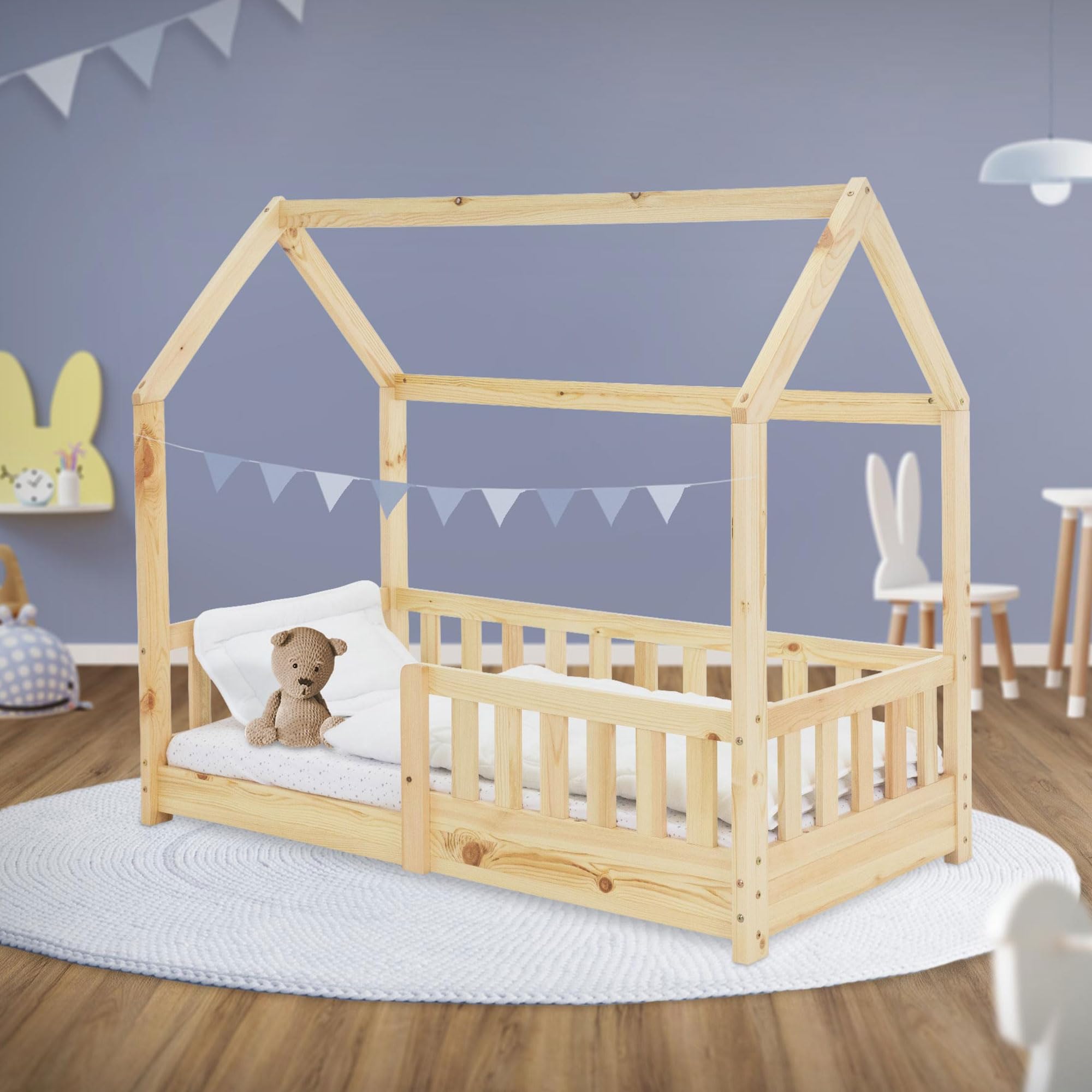 ML-Design Lit Cabane Enfant 70x140 cm Naturel en Bois Massif avec Protection Contre la Chute, Toit et Sommier à Lattes, Style Maison, Couchage Maisonnette Barrière de Sécurité pour Fille Garçon