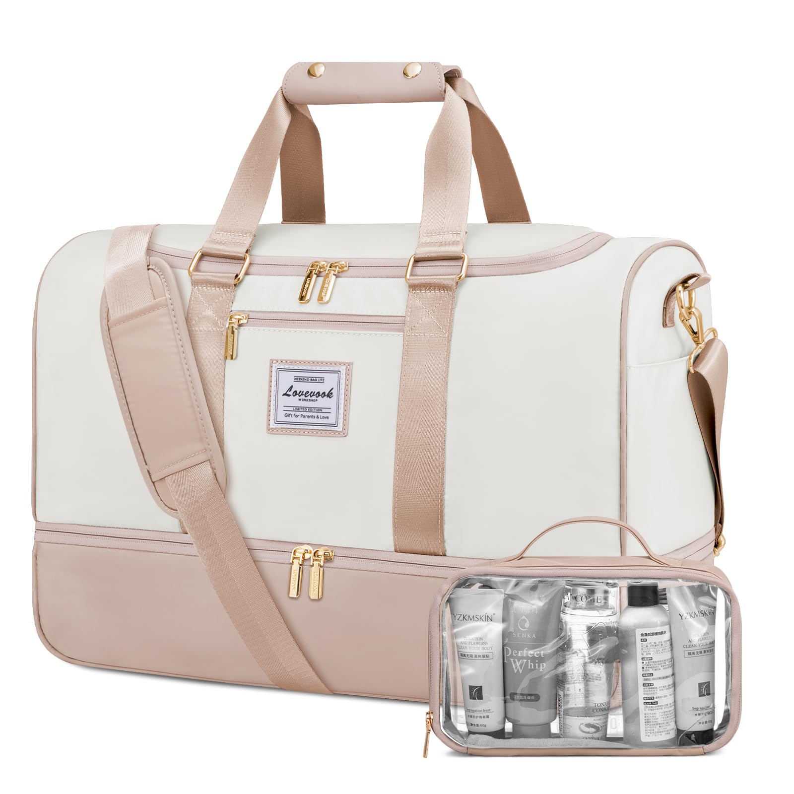 LOVEVOOK Sac de sport pour femme, sac de voyage, sac de week-end pour femme avec trousse de toilette, compartiment à chaussures et compartiment humide, sac de sport imperméable, sac de voyage