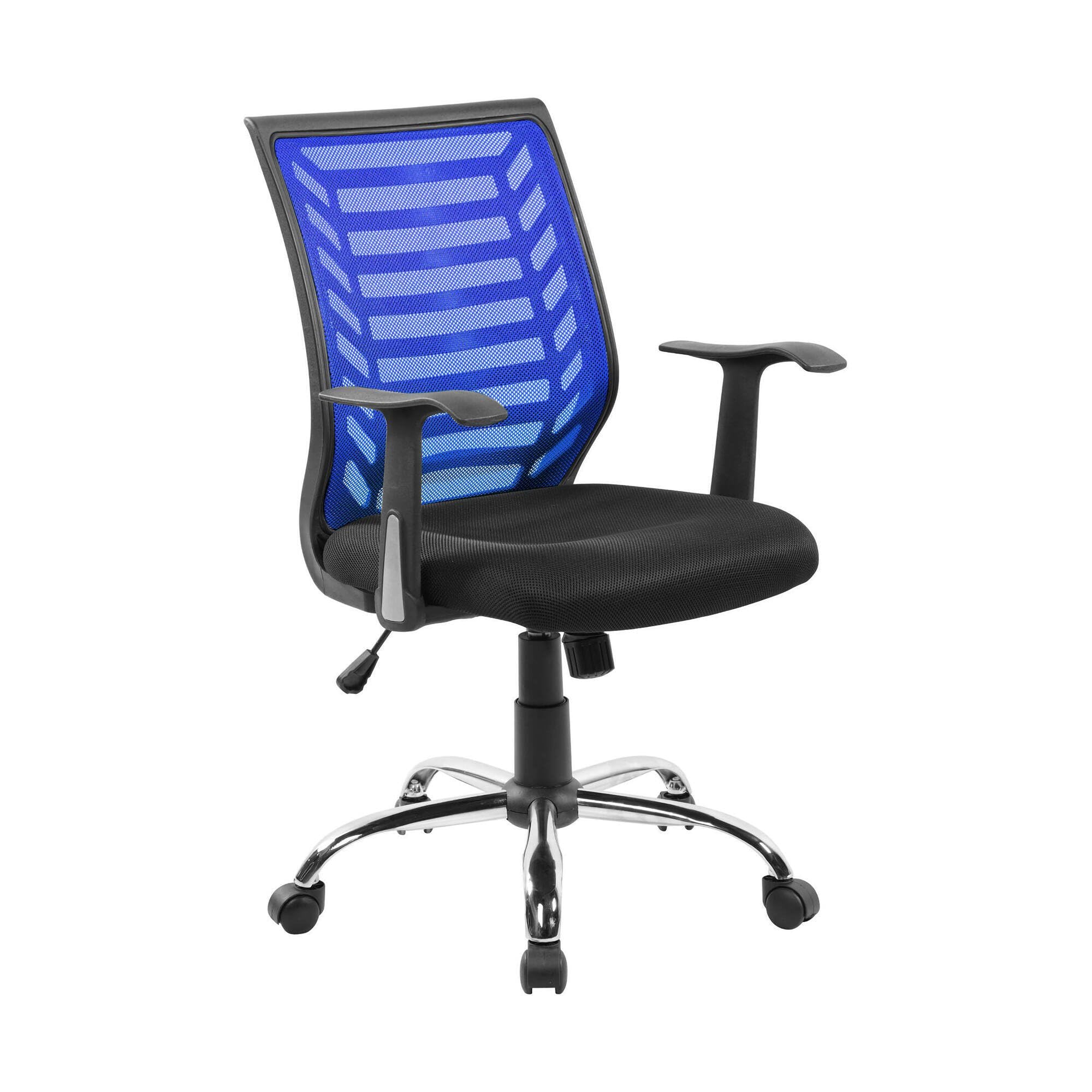 Dmora - Chaise à roulettes Harbour, Chaise de travail en maille avec accoudoirs, Siège de bureau ergonomique, 59x60h93/103 cm, Noir et Bleu