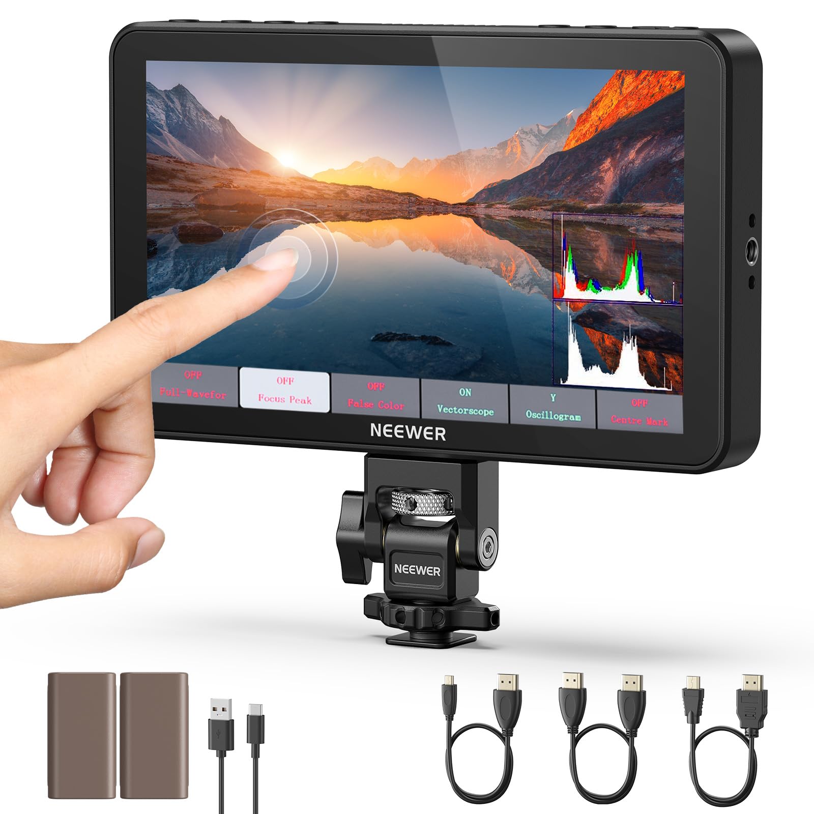 NEEWER F700 7"Moniteur de Terrain Caméra,écran Tactile 2000nit HD 1920x1080 | IPS, 3D LUT, 4K HDMI Loop En/Sortie, Peaking Focus DSLR Vidéo HDR Forme d'onde, Support Griffe, 2 Batteries NP-F750 & Câble