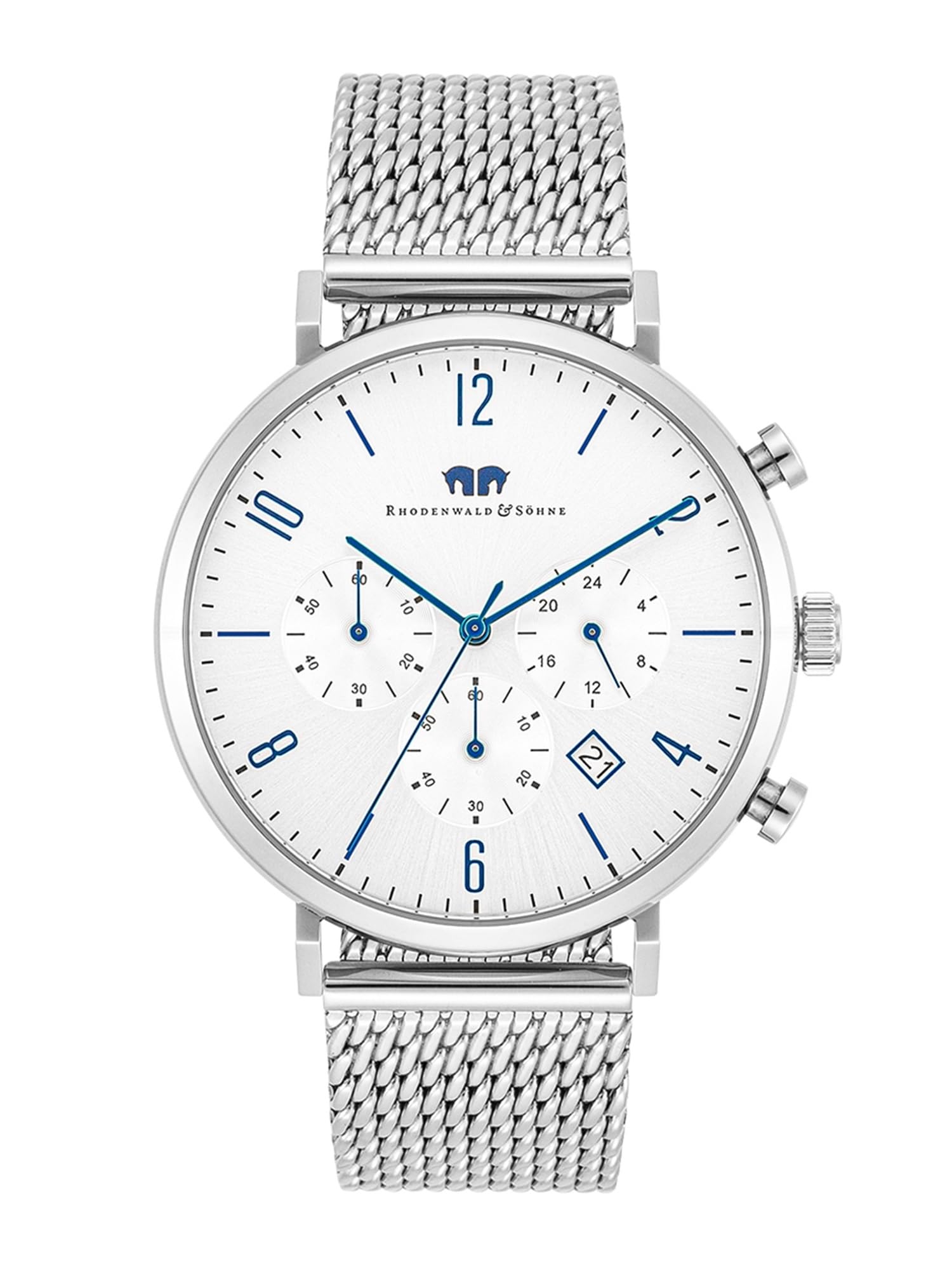 Rhodenwald & Söhne Montre pour homme acier inoxydable argenté quartz 5 ATM | Acier inoxydable bracelet, argenté, maille milanaise, chronographe, calendrier blanc, verre minéral, montre-bracelet