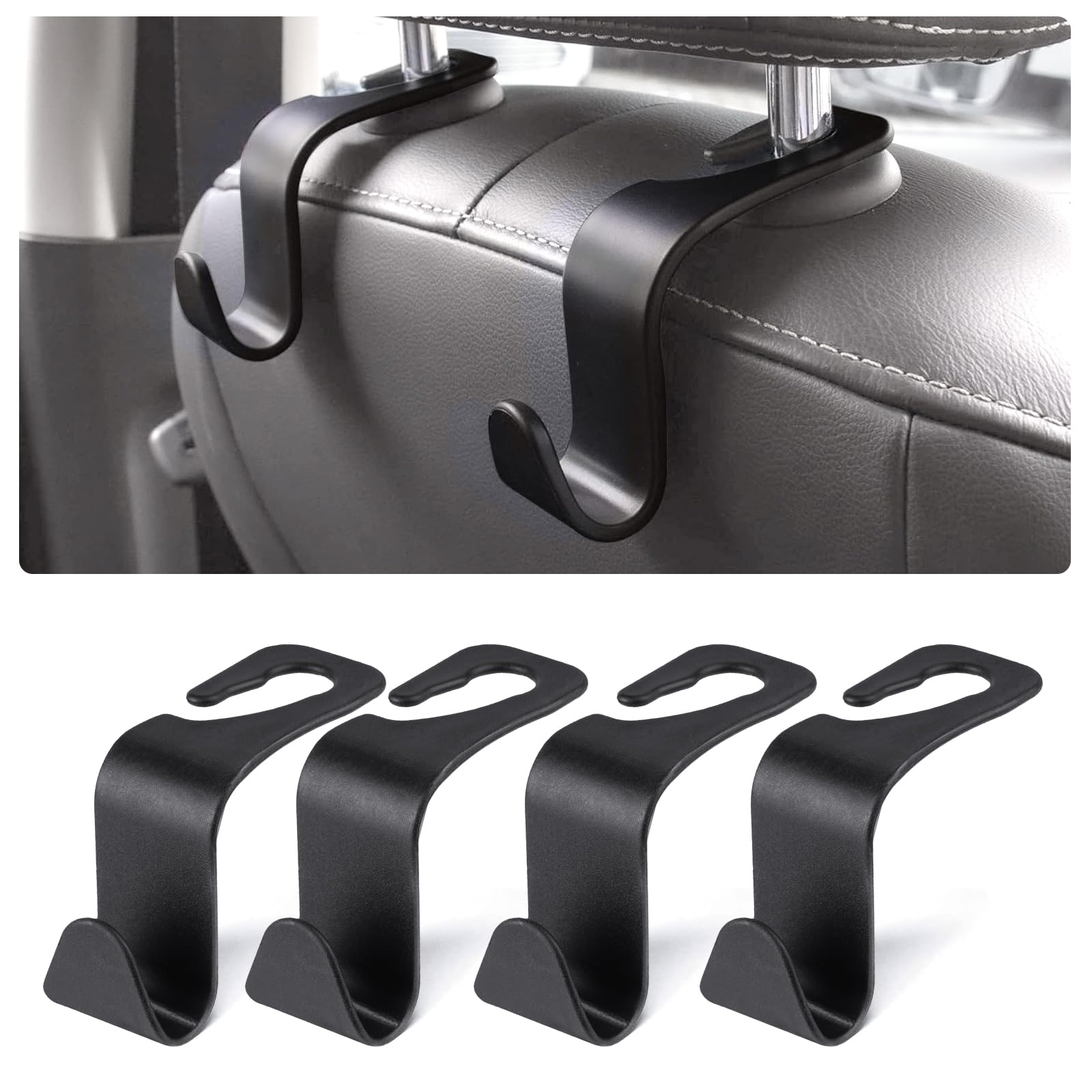 URAQT Crochet de Stockage de Voiture, 4PCS Appuie-Tête Crochet en Plastique, Crochet de Siège de Voiture Accessoires pour Appuie-Tête,Sac à Main,Porte-Monnaie,Manteaux,Sac à Provision,Bouteille d'eau
