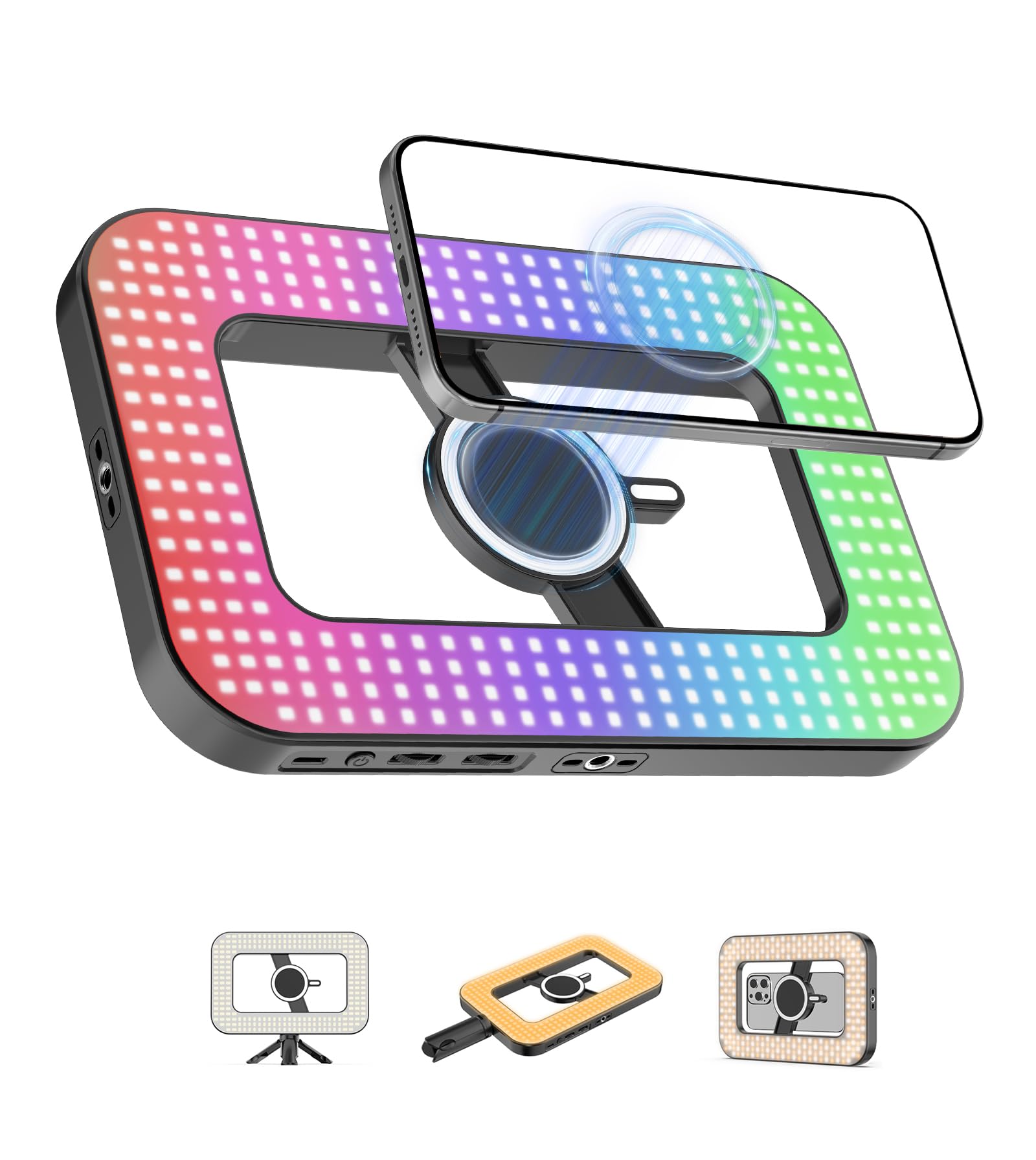 TONEOF Lampe Selfie Portable Rechargeable, Magnétique RGB avec Mini Trépied | Lampe RGB magnétique compatible Magsafe, conçue pour la vidéo, la prise de vue et l’enregistrement sur téléphone mobile