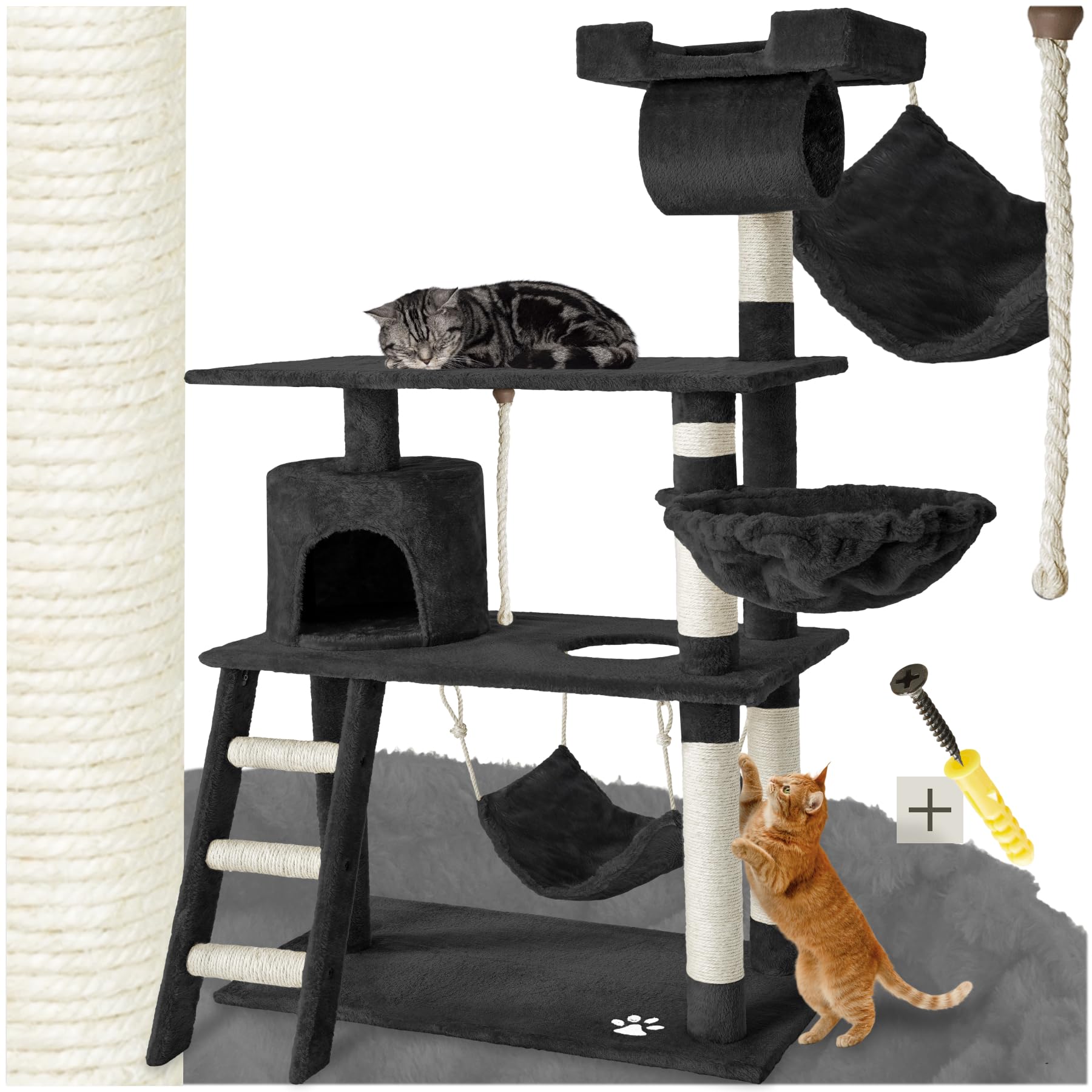 tectake® Arbre à Chat 141 cm, avec Griffoir et Plateforme d'Escalade, Niche | Corde en Sisal, Couchette, Plateforme de Vue, Tunnel de Jeu, Hamac, Cabane à chat, Système Anti-bascule, 105x60x141 cm, Noir