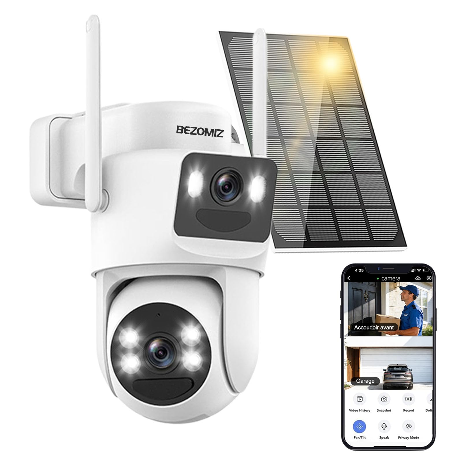 4K Camera Surveillance WiFi Exterieure sans Fil Solaire,Camera Exterieur Double Objectif avec Panneau Solaire,360° PTZ,Audio Bidirectionnel,PIR Sirène,Suivi automatique,8MP Vision Nocturne Couleur