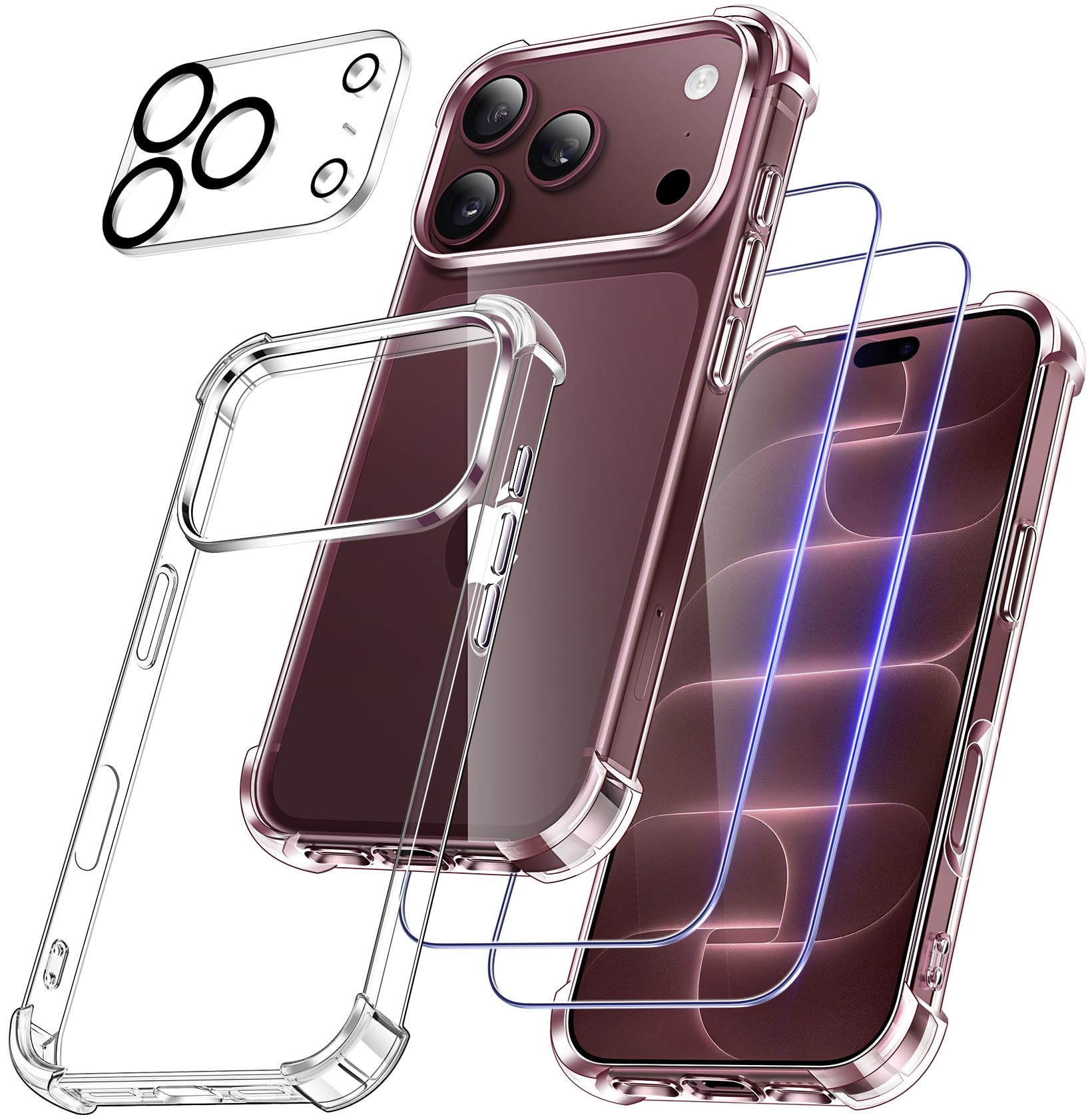 FLLAO 4 en 1 Coque pour iPhone 18 Pro Max 6.9", Transparent | 2 Verre Trempé et 1 Caméra Protecteur, Protection efficace contre les chutes, Coque de protection en TPU souple