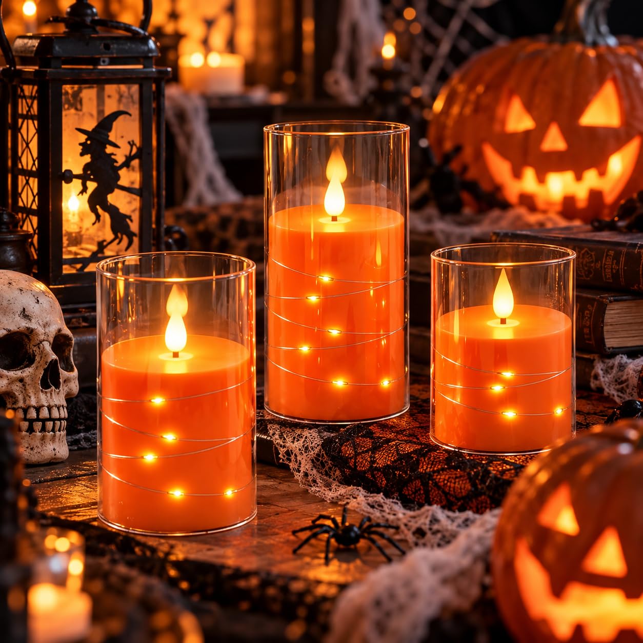 3 Bougies LED Orange Transparentes à Guirlande Lumineuse, Flamme Scintillante Réaliste, Effet Verre, Télécommande Incluse, Plastique Réutilisable Écologique pour Déco Intérieure et Festive